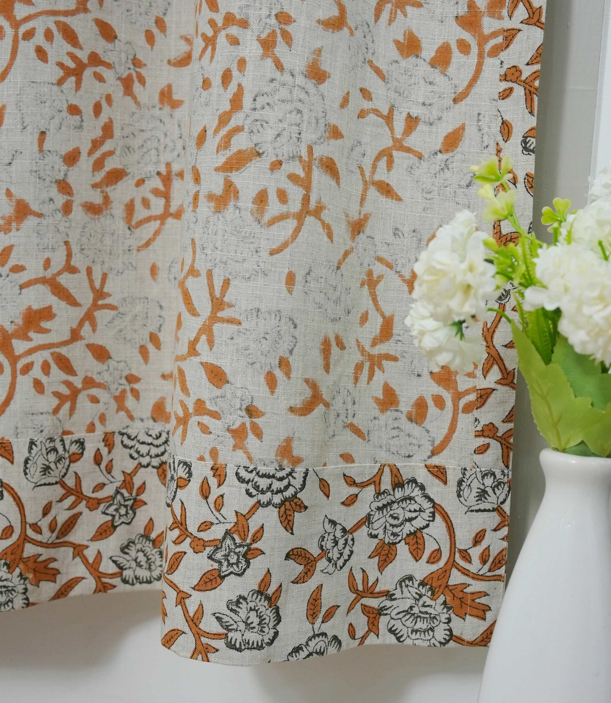 Yellow Green Floral Linen Block Print Curtain Rod Pocket Mrignayani