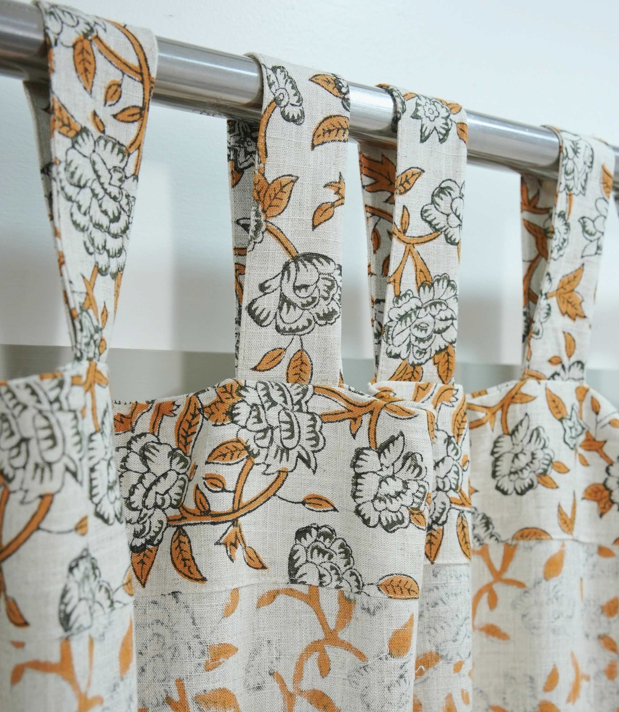 Yellow Green Floral Linen Block Print Curtain Rod Pocket Mrignayani