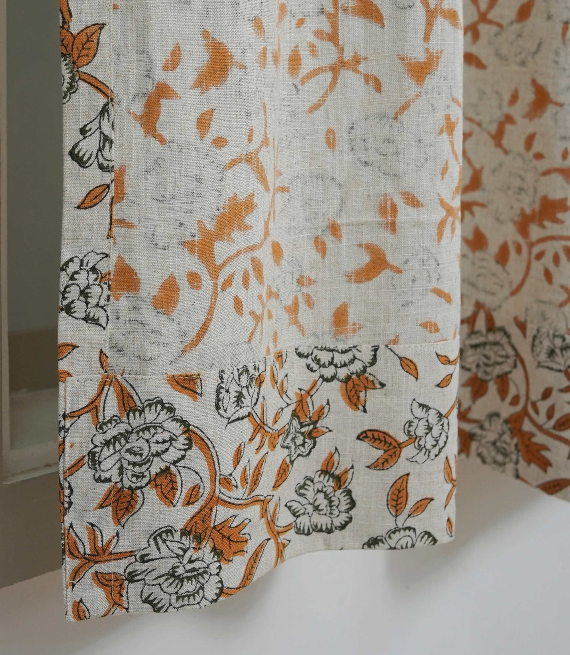 Yellow Green Floral Linen Block Print Curtain Rod Pocket Mrignayani