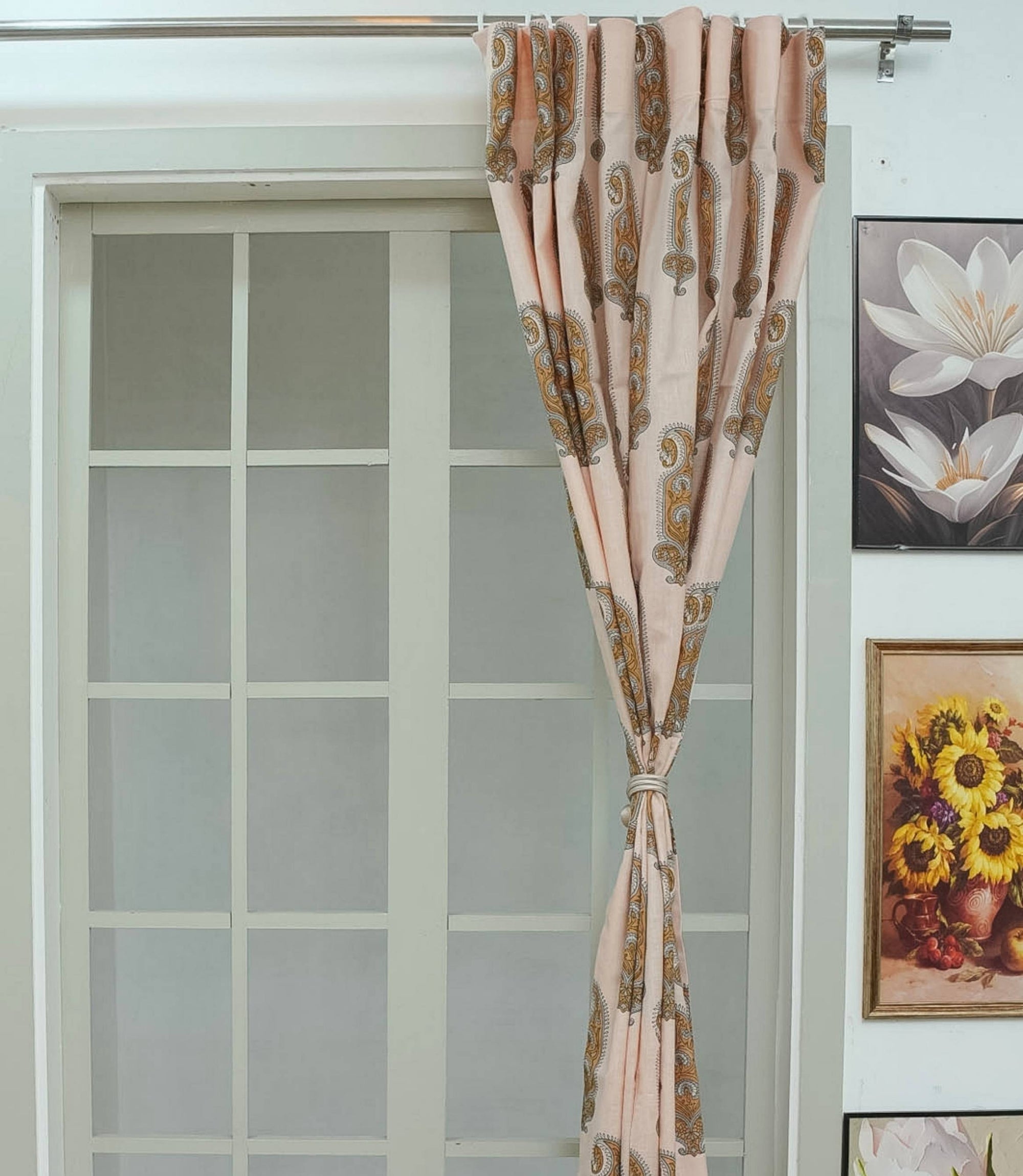 Indian Print Brown Floral Viscose Linen Bedroom Curtains - Namokar
