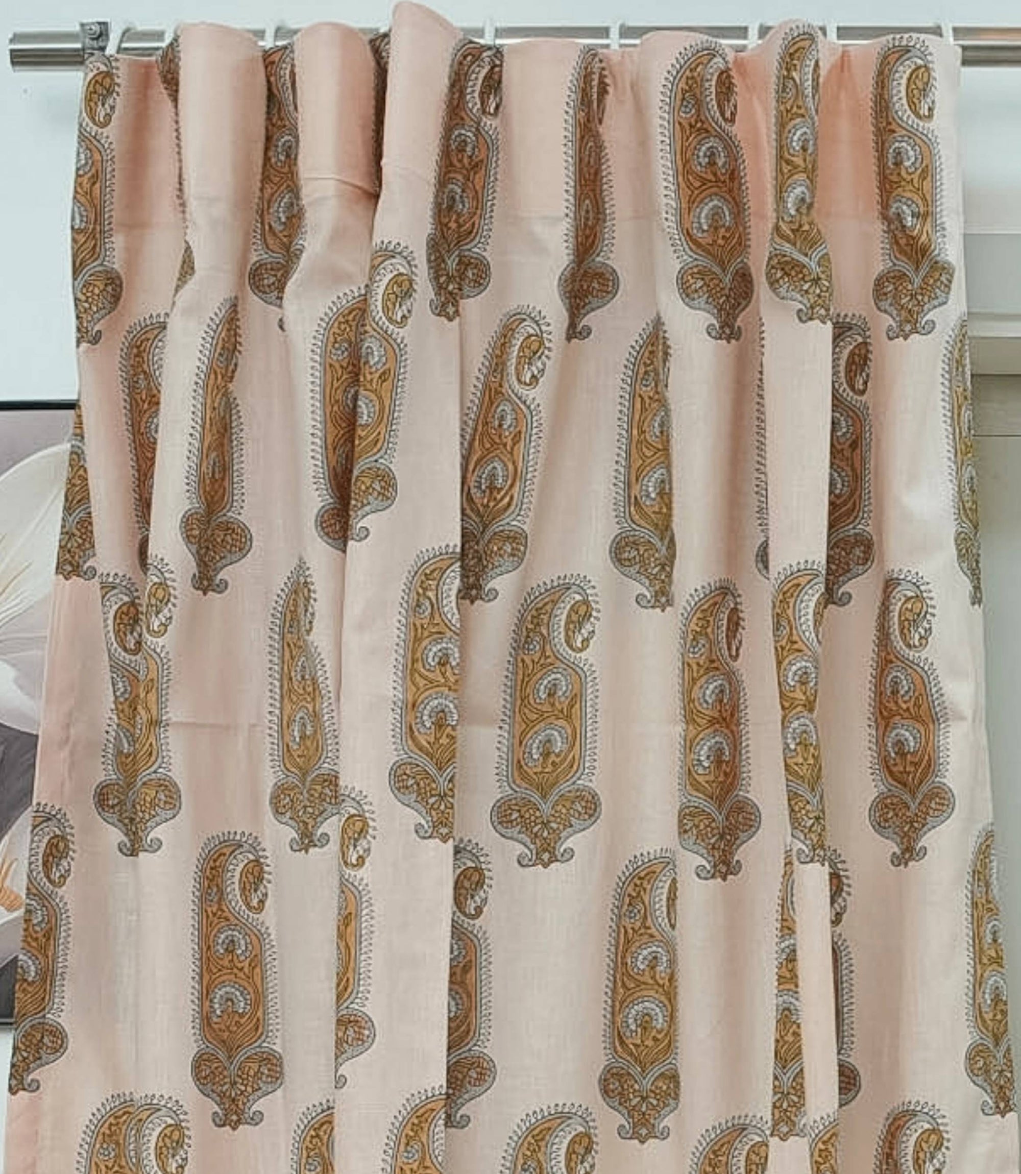 Indian Print Brown Floral Viscose Linen Bedroom Curtains - Namokar