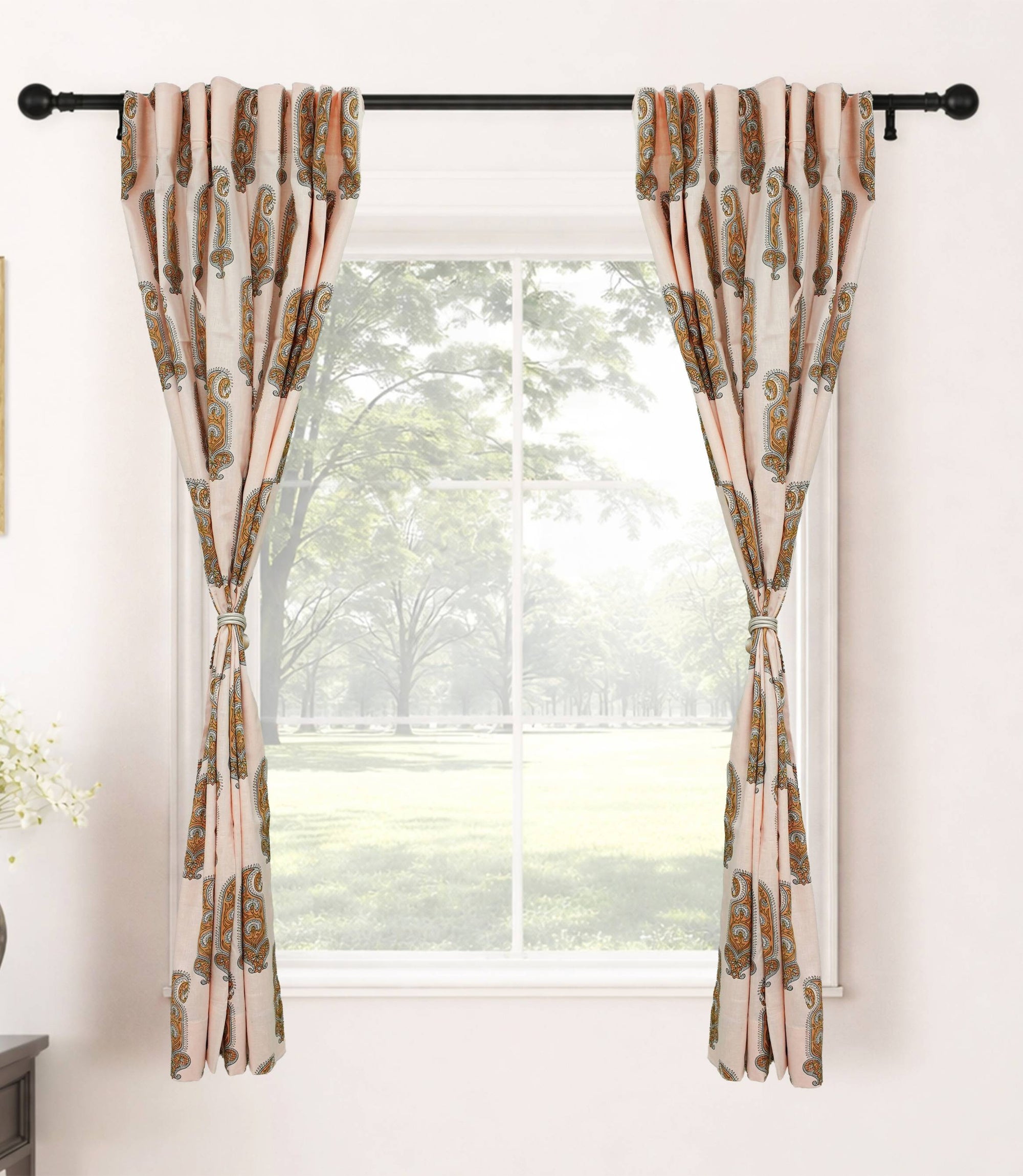 Indian Print Brown Floral Viscose Linen Bedroom Curtains - Namokar