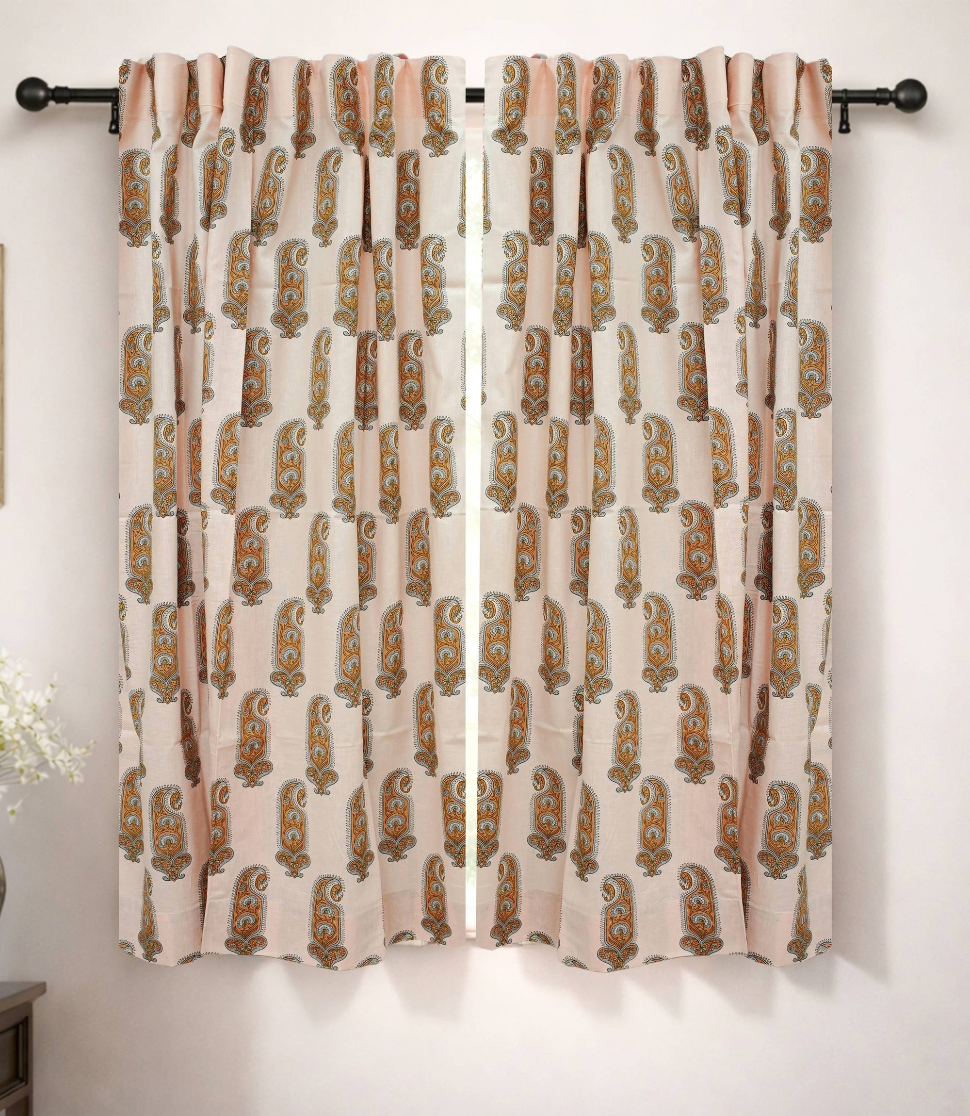 Indian Print Brown Floral Viscose Linen Bedroom Curtains - Namokar