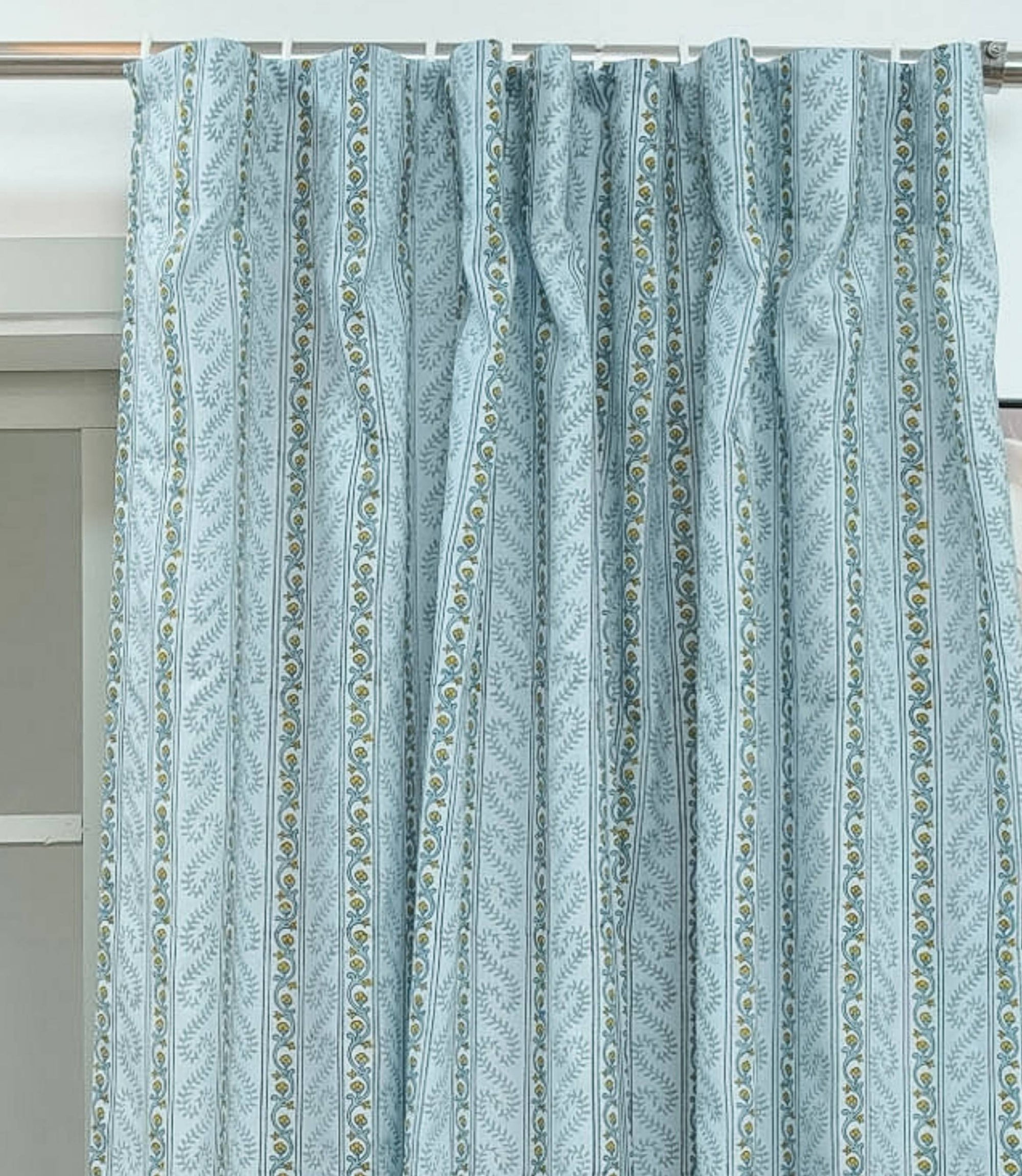 Indian Artisanal Block Print Blue Floral Linen Boho Curtains - Nargis