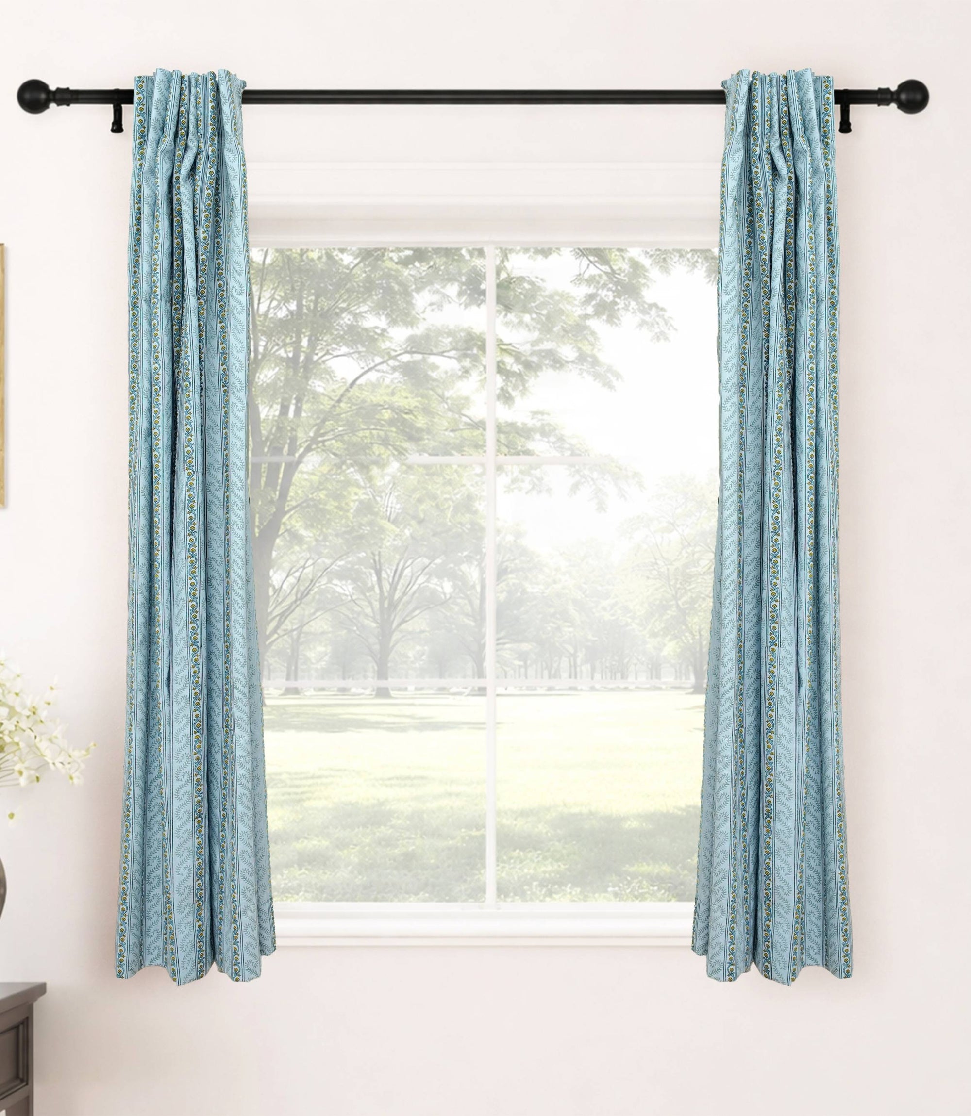 Indian Artisanal Block Print Blue Floral Linen Boho Curtains - Nargis