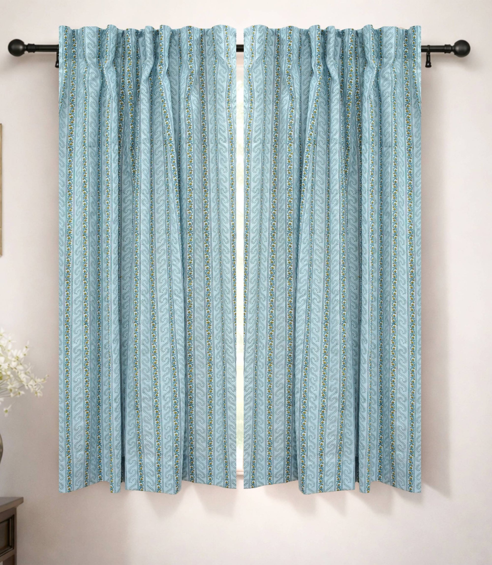 Indian Artisanal Block Print Blue Floral Linen Boho Curtains - Nargis