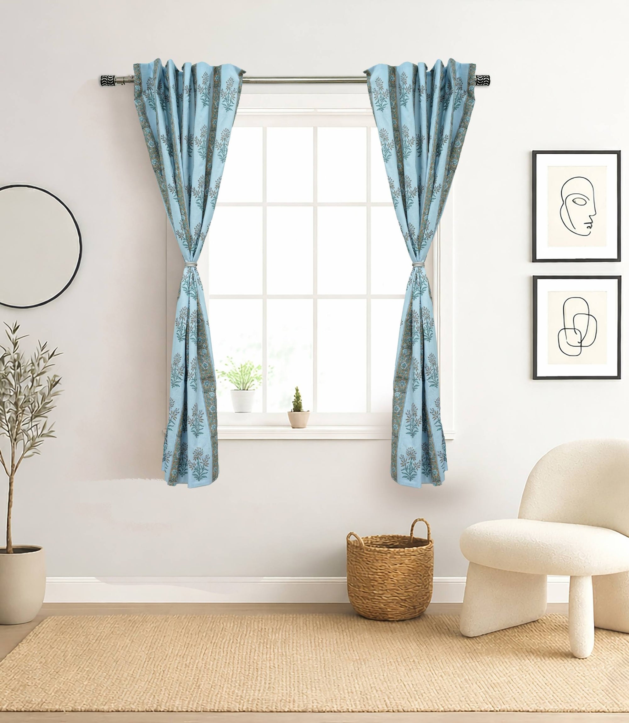 Black Floral Indian Block Print Linen Curtains - Noor