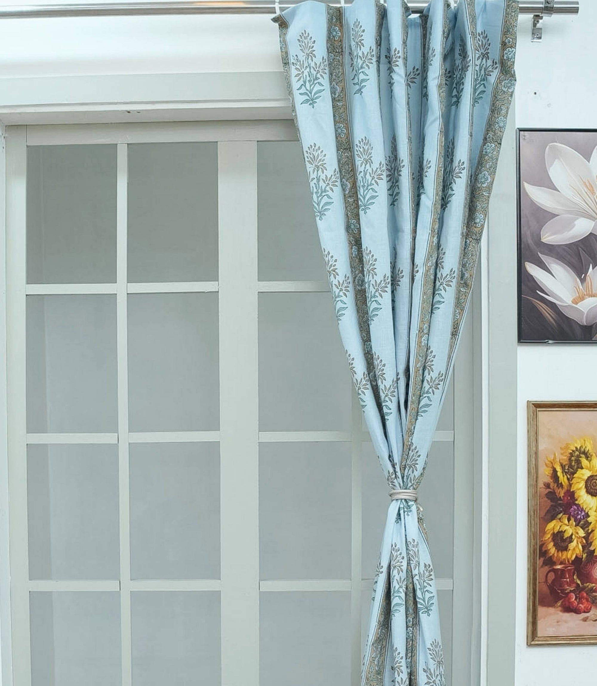 Black Floral Indian Block Print Linen Curtains - Noor