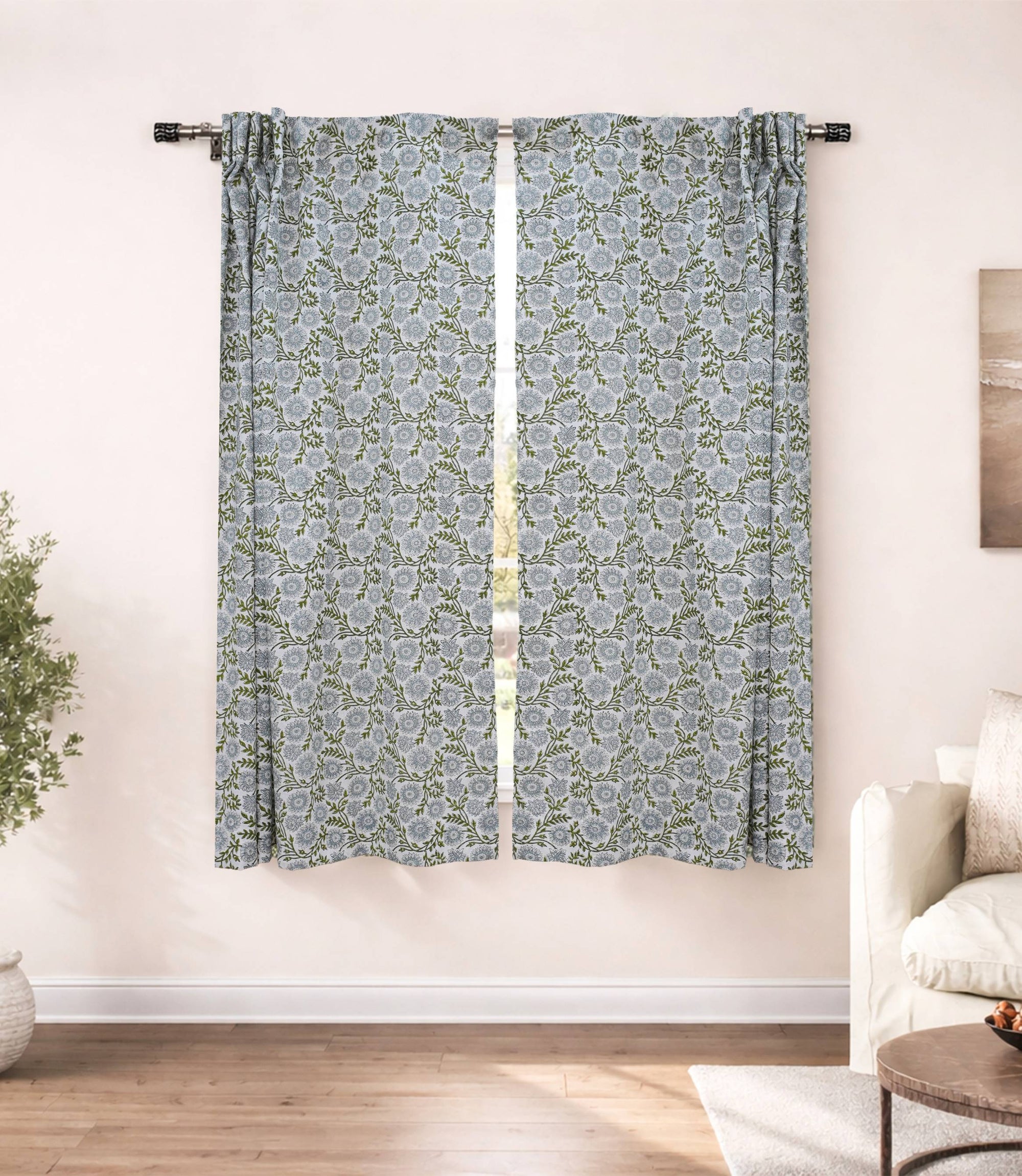 Handmade Blue Floral Rajat Linen Decorative Curtains