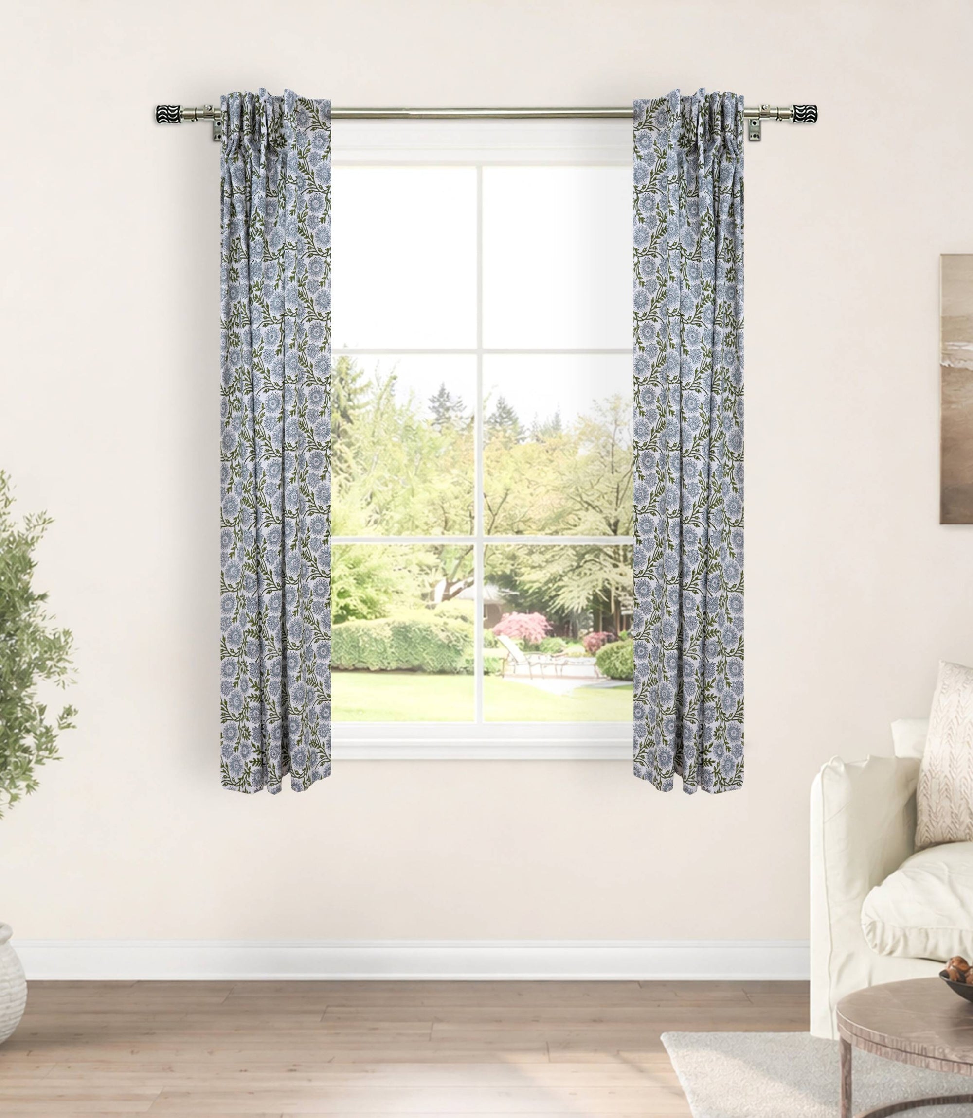Handmade Blue Floral Rajat Linen Decorative Curtains