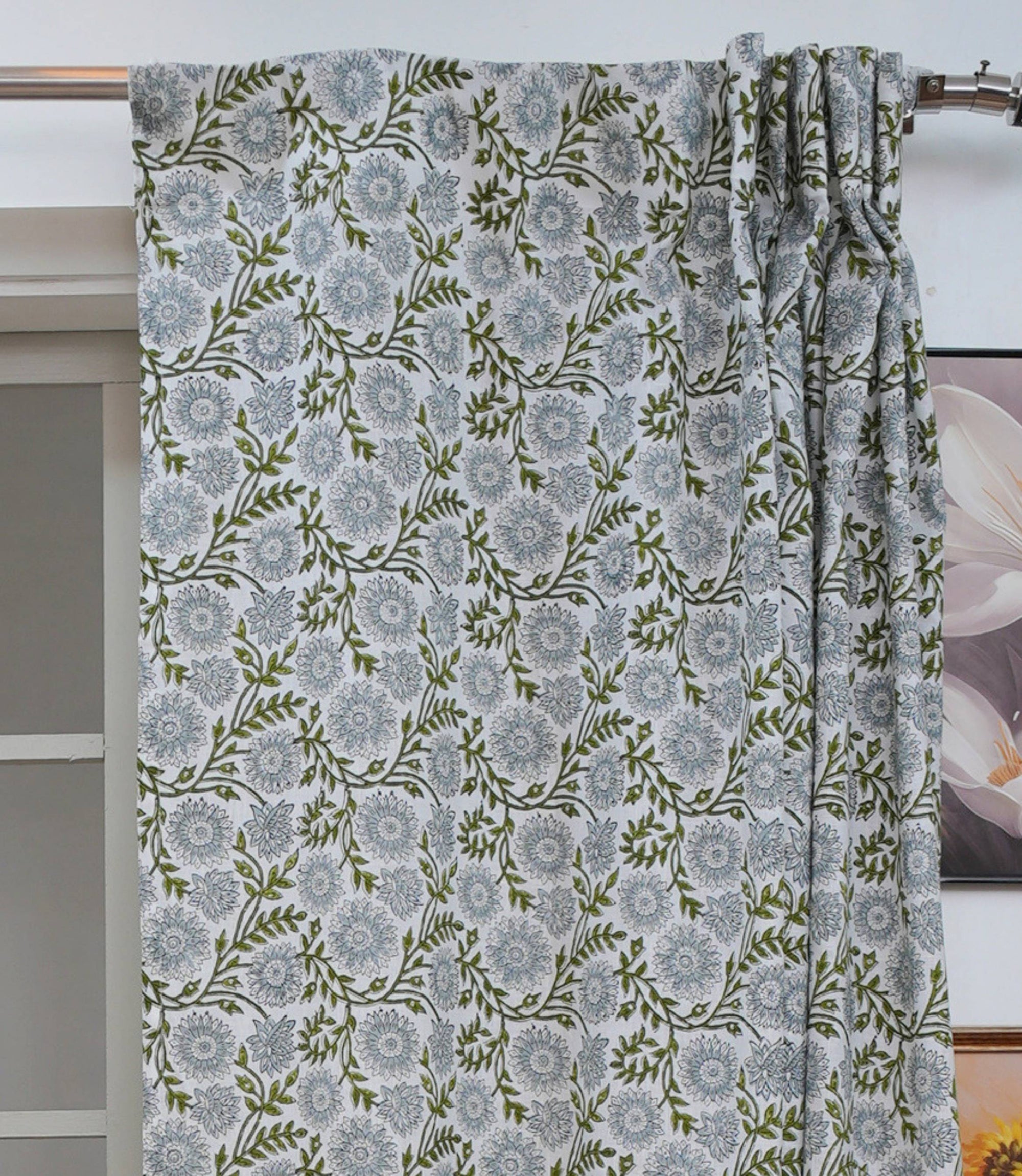 Handmade Blue Floral Rajat Linen Decorative Curtains
