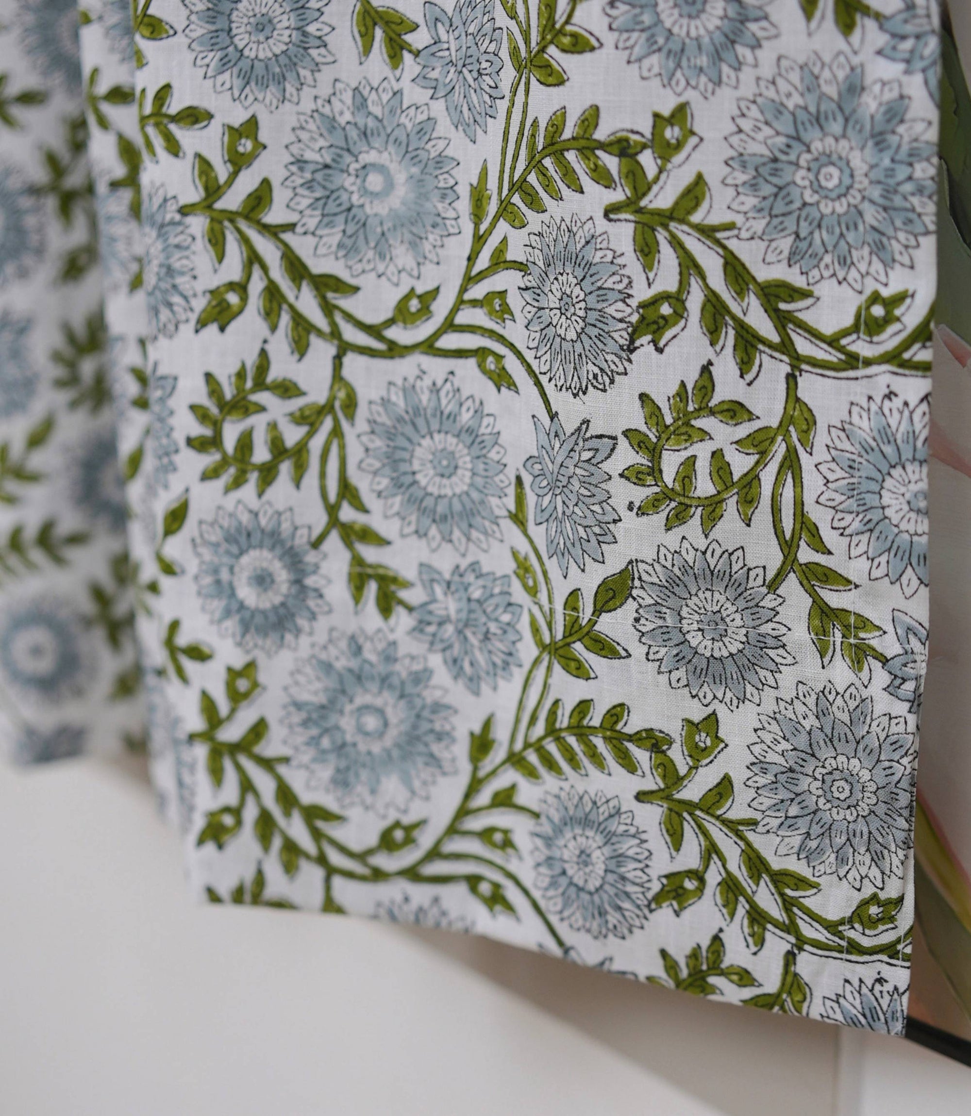 Handmade Blue Floral Rajat Linen Decorative Curtains