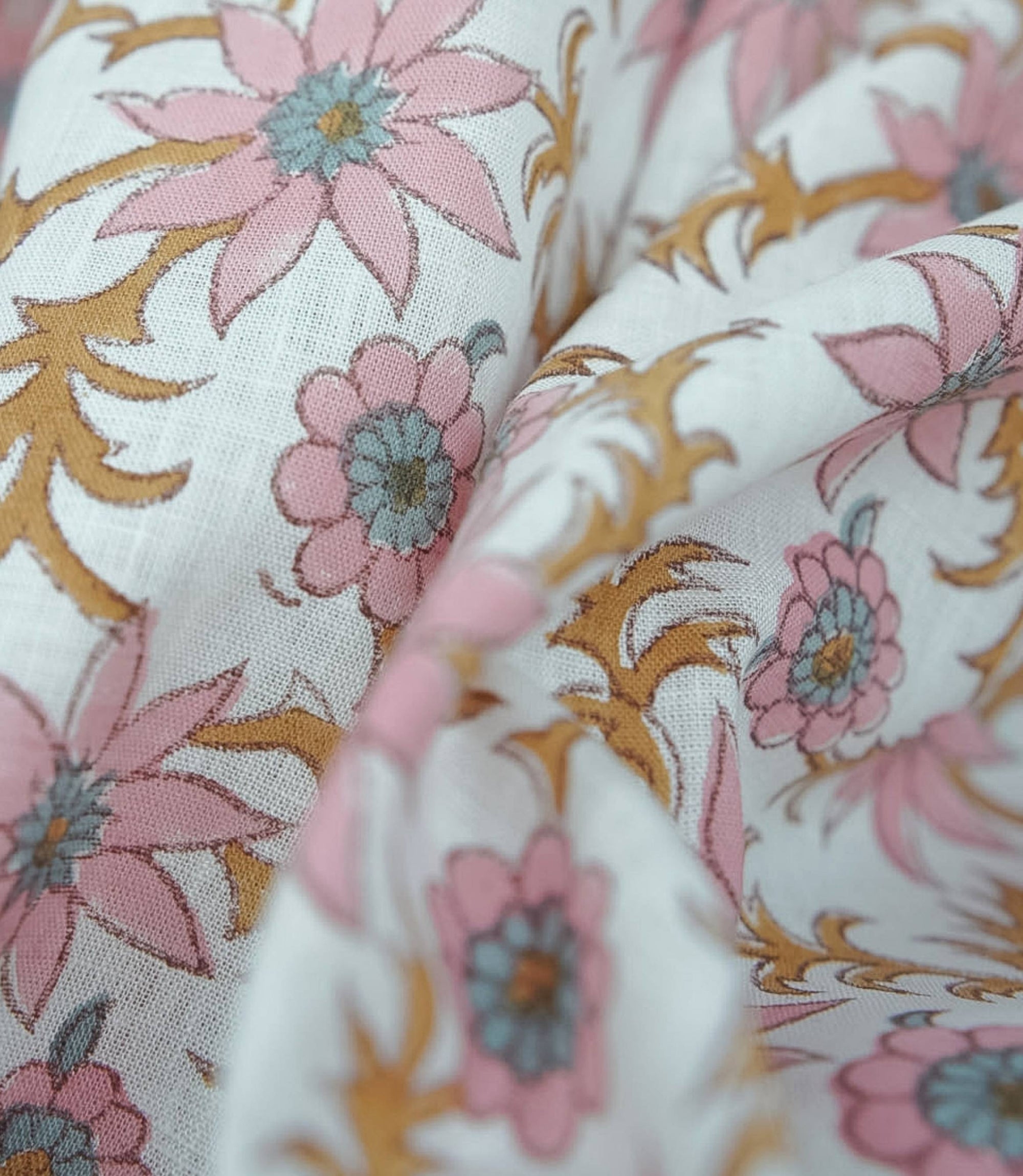 Boho Pink Floral Hand Block Print Linen Curtains - Saanjh 