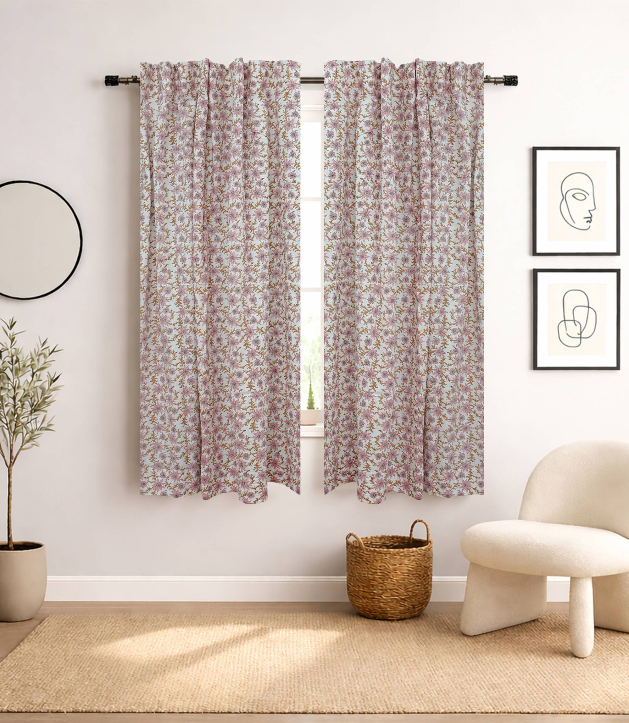 Boho Pink Floral Hand Block Print Linen Curtains - Saanjh 