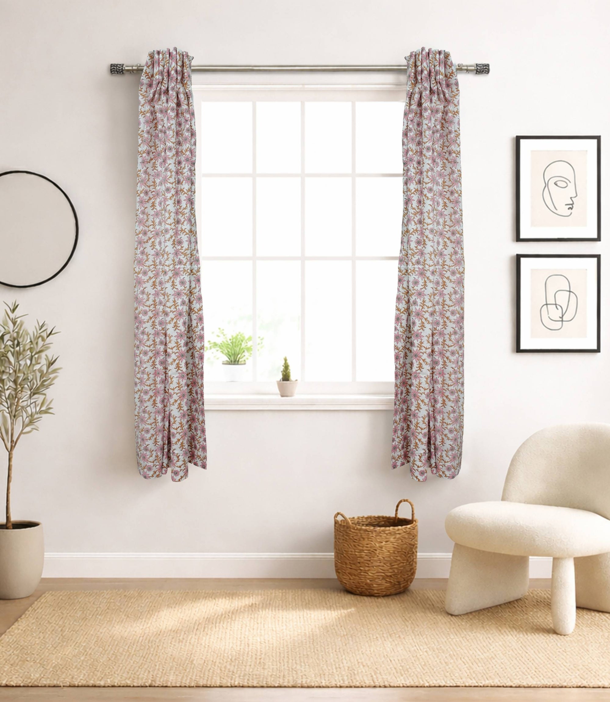 Boho Pink Floral Hand Block Print Linen Curtains - Saanjh 