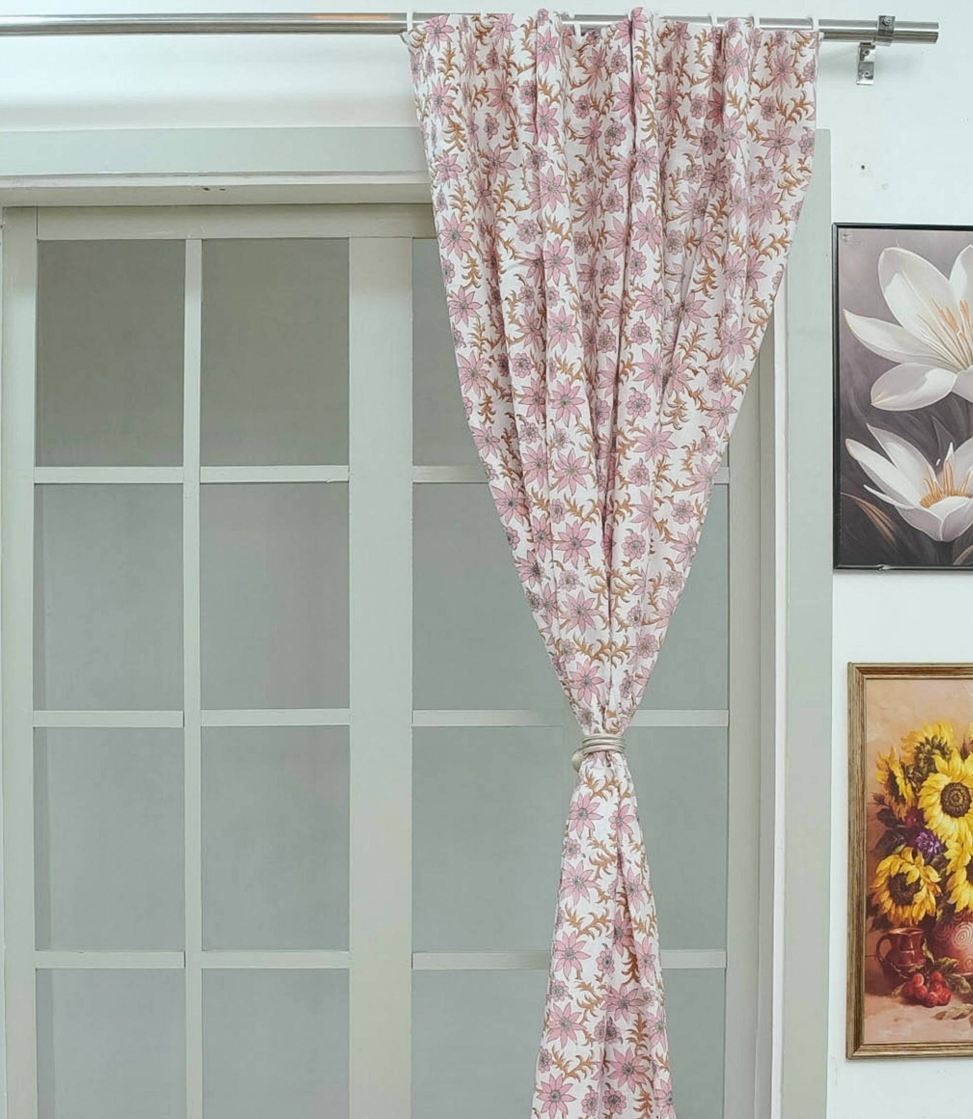 Boho Pink Floral Hand Block Print Linen Curtains - Saanjh 