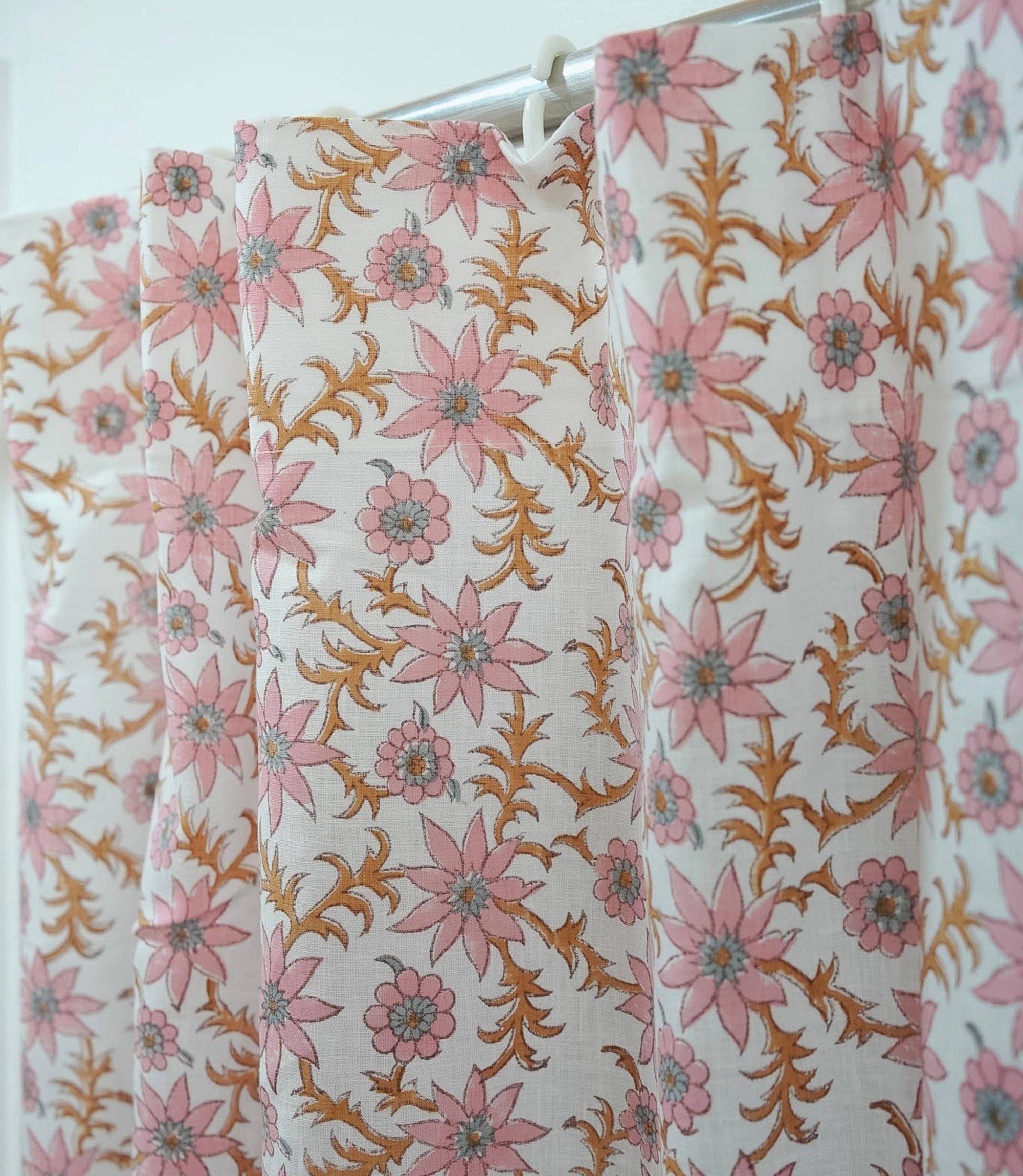 Boho Pink Floral Hand Block Print Linen Curtains - Saanjh 