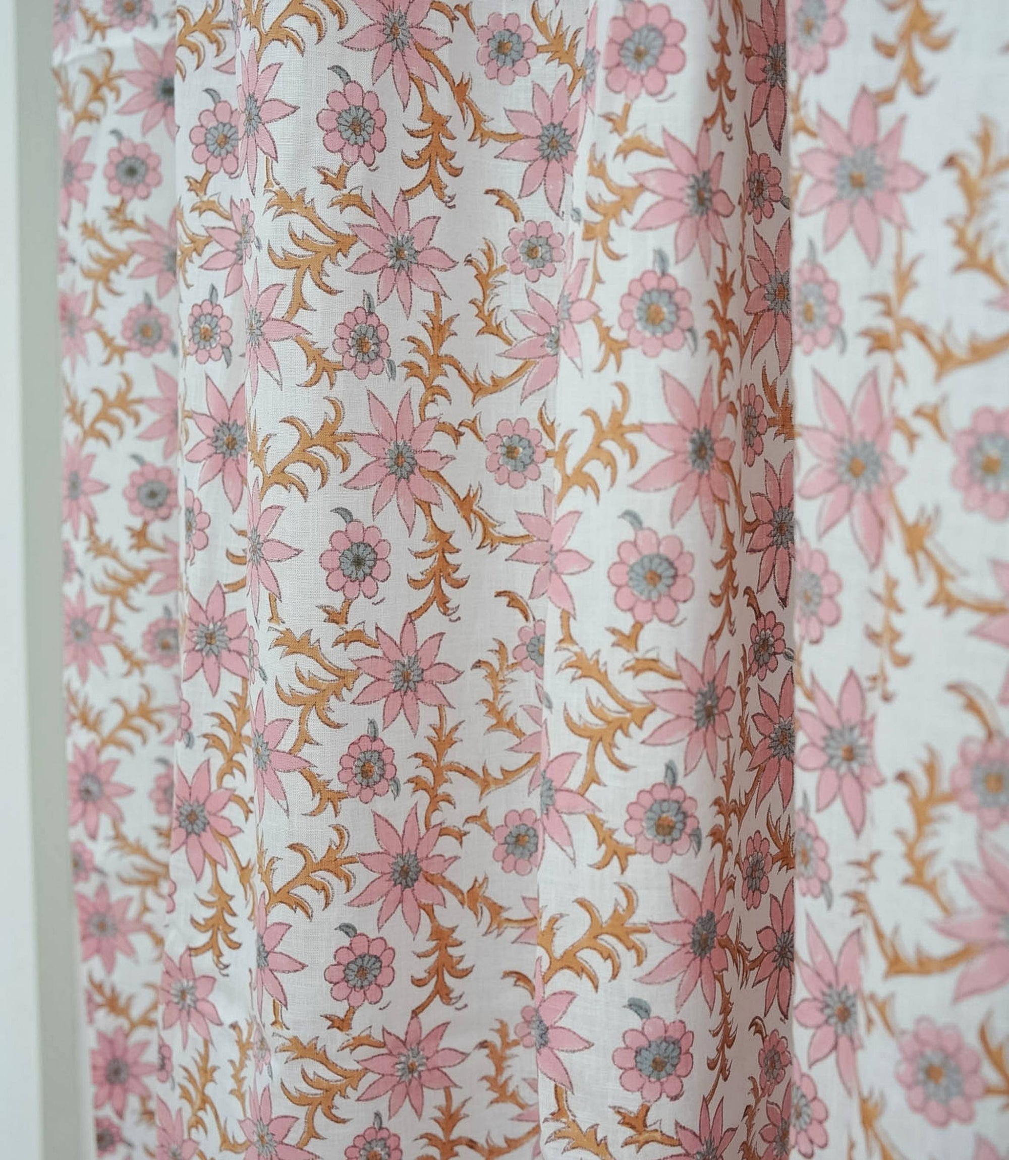 Boho Pink Floral Hand Block Print Linen Curtains - Saanjh 