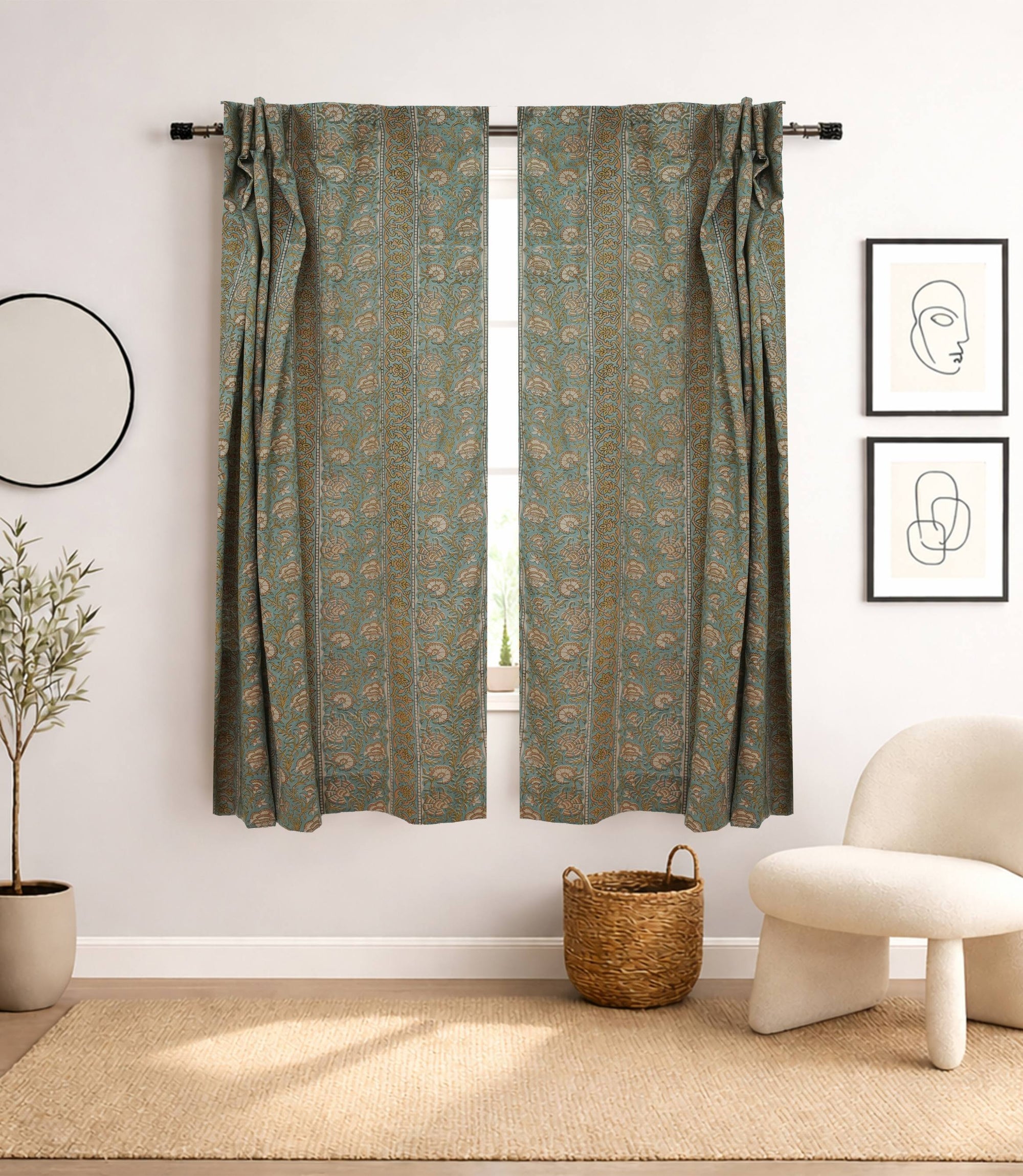 Handmade Viscose Linen Brown Floral Curtains - Sonakshi