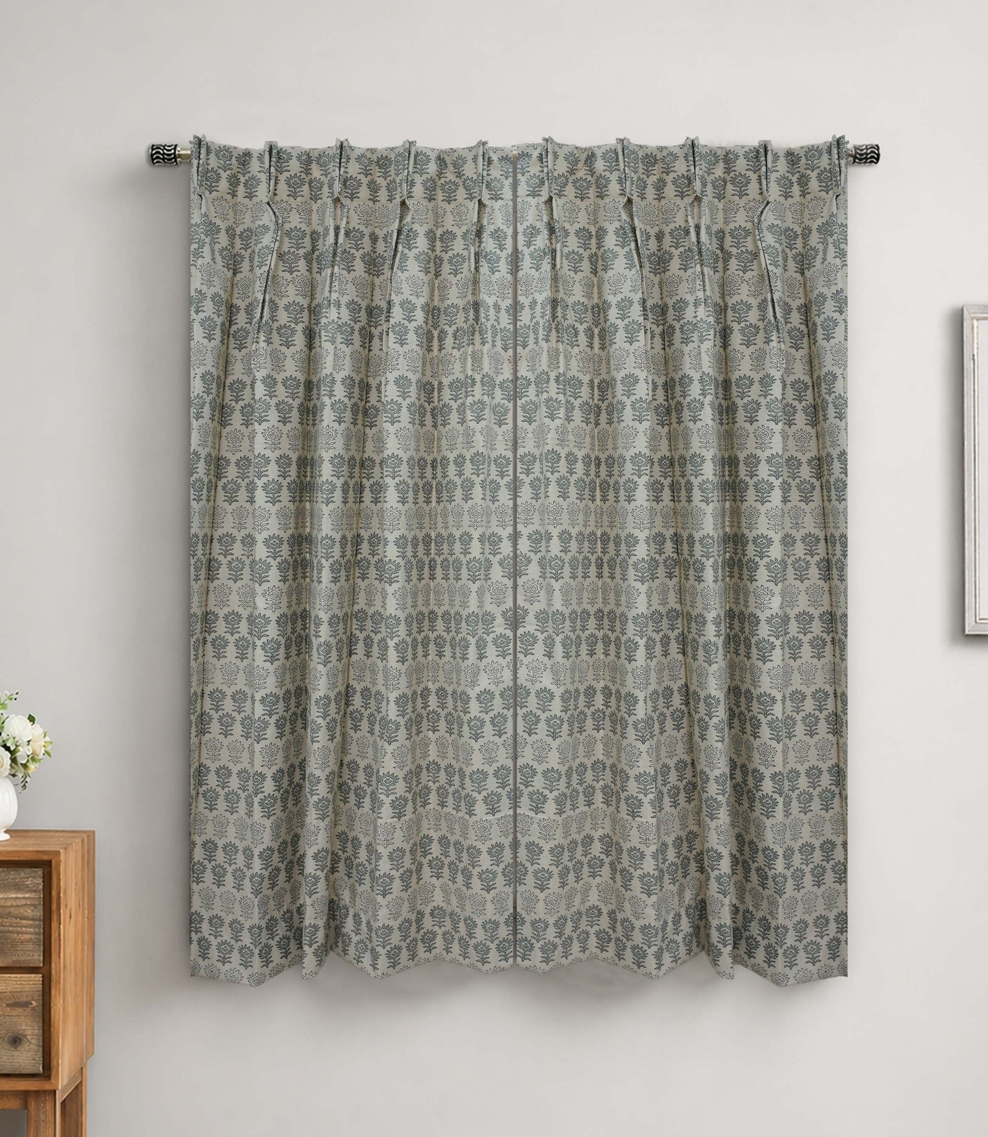 Handmade Linen Surajmuki Gray Floral Pleated Curtains