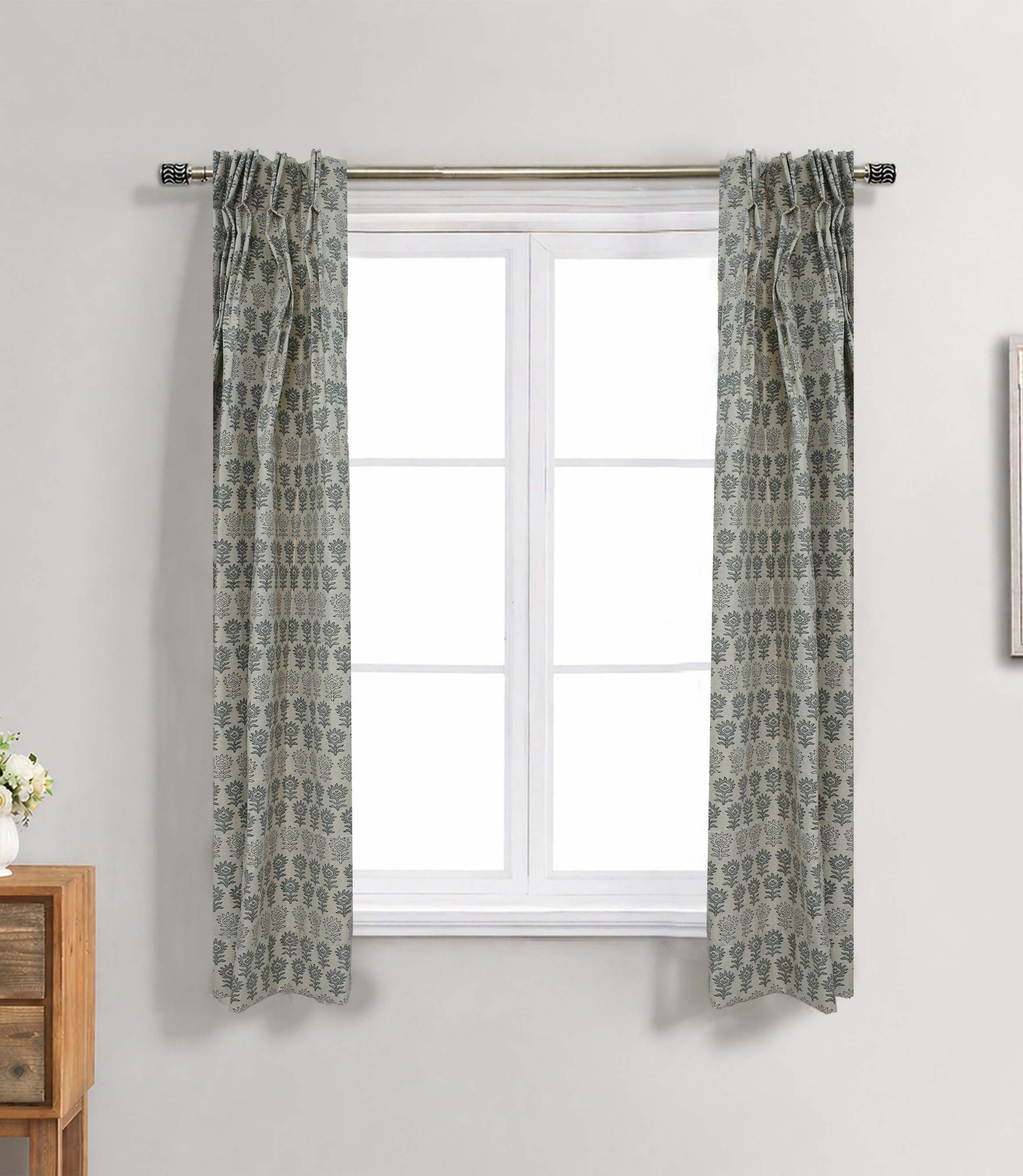 Handmade Linen Surajmuki Gray Floral Pleated Curtains