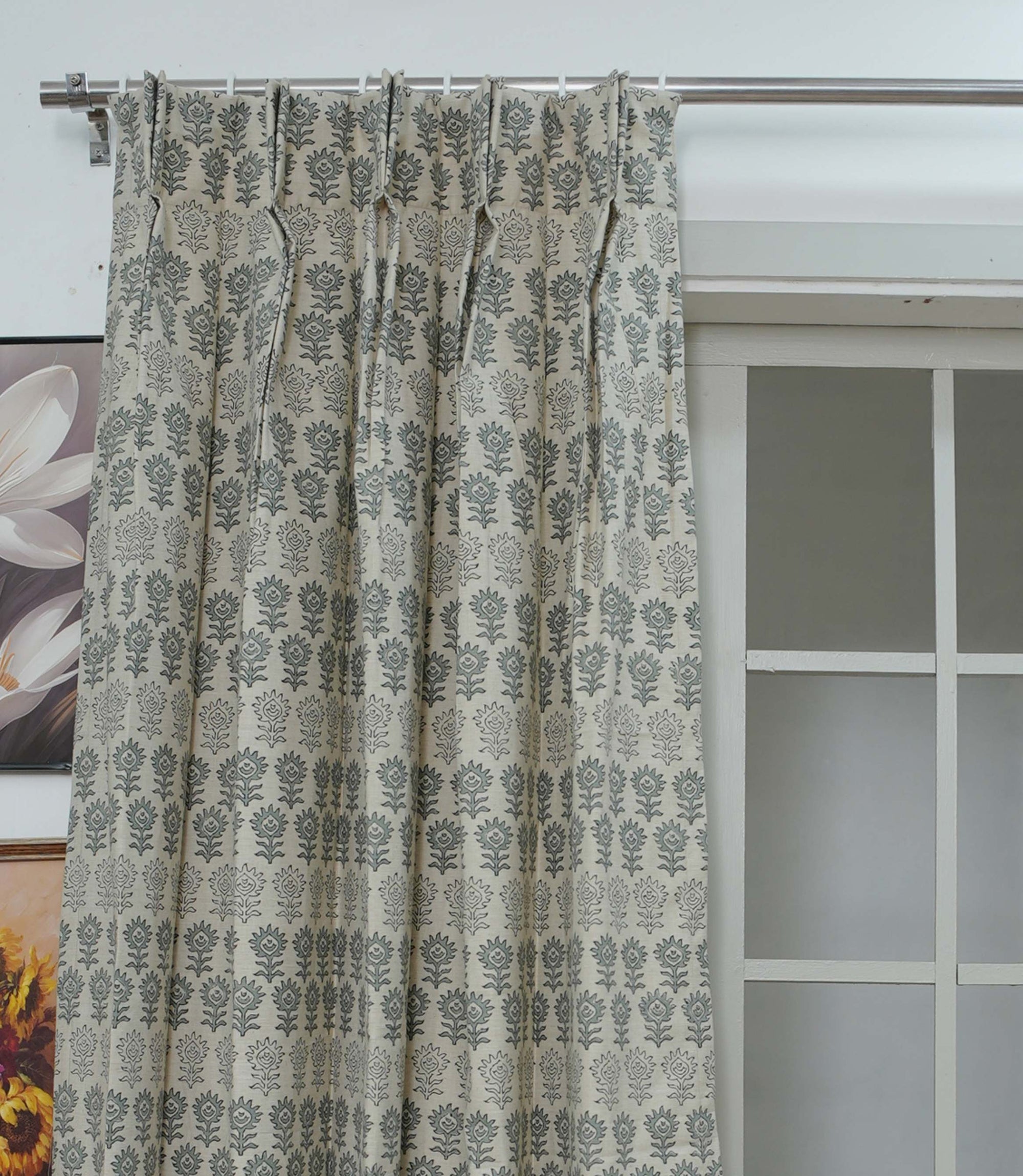 Handmade Linen Surajmuki Gray Floral Pleated Curtains