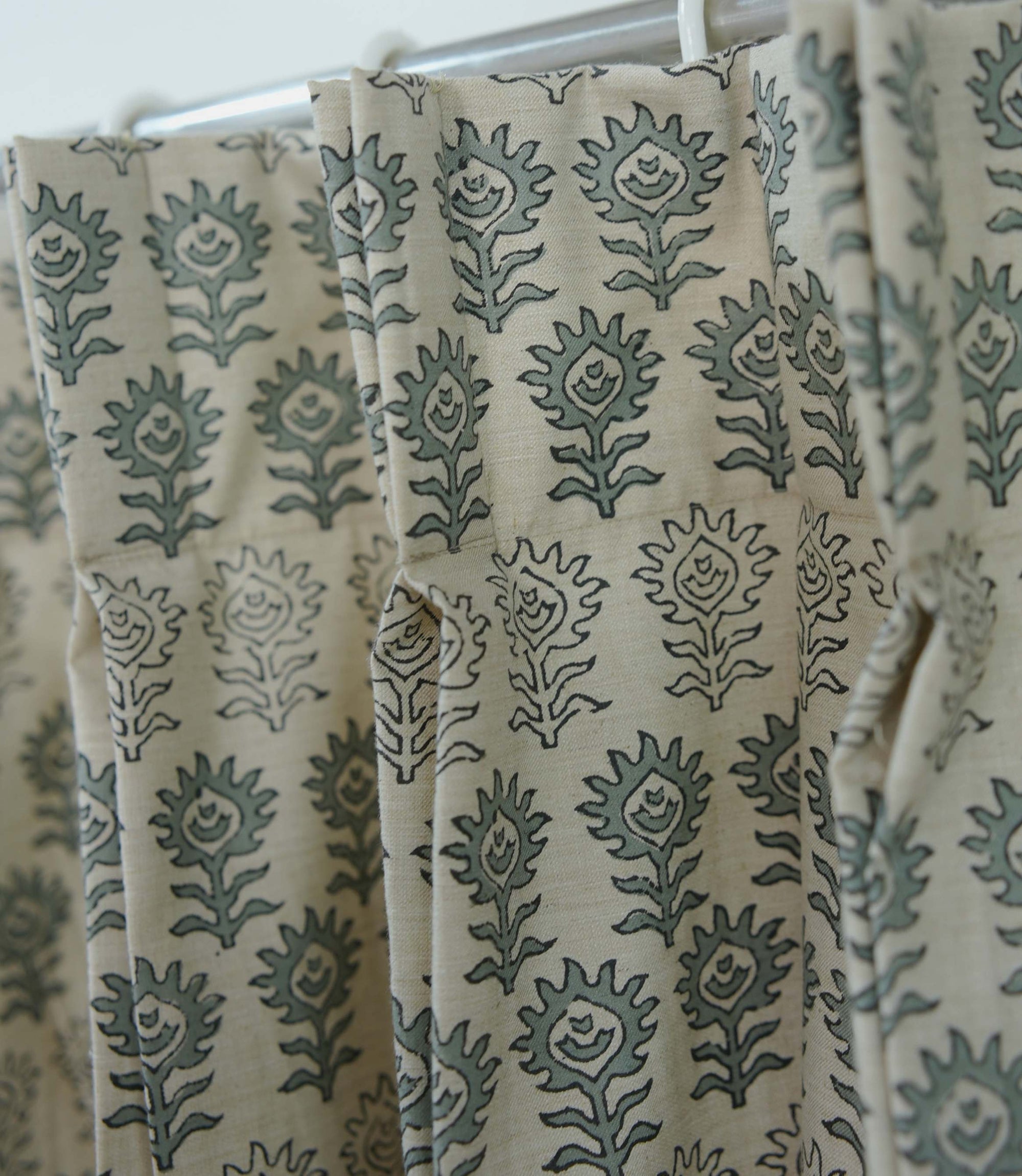 Handmade Linen Surajmuki Gray Floral Pleated Curtains