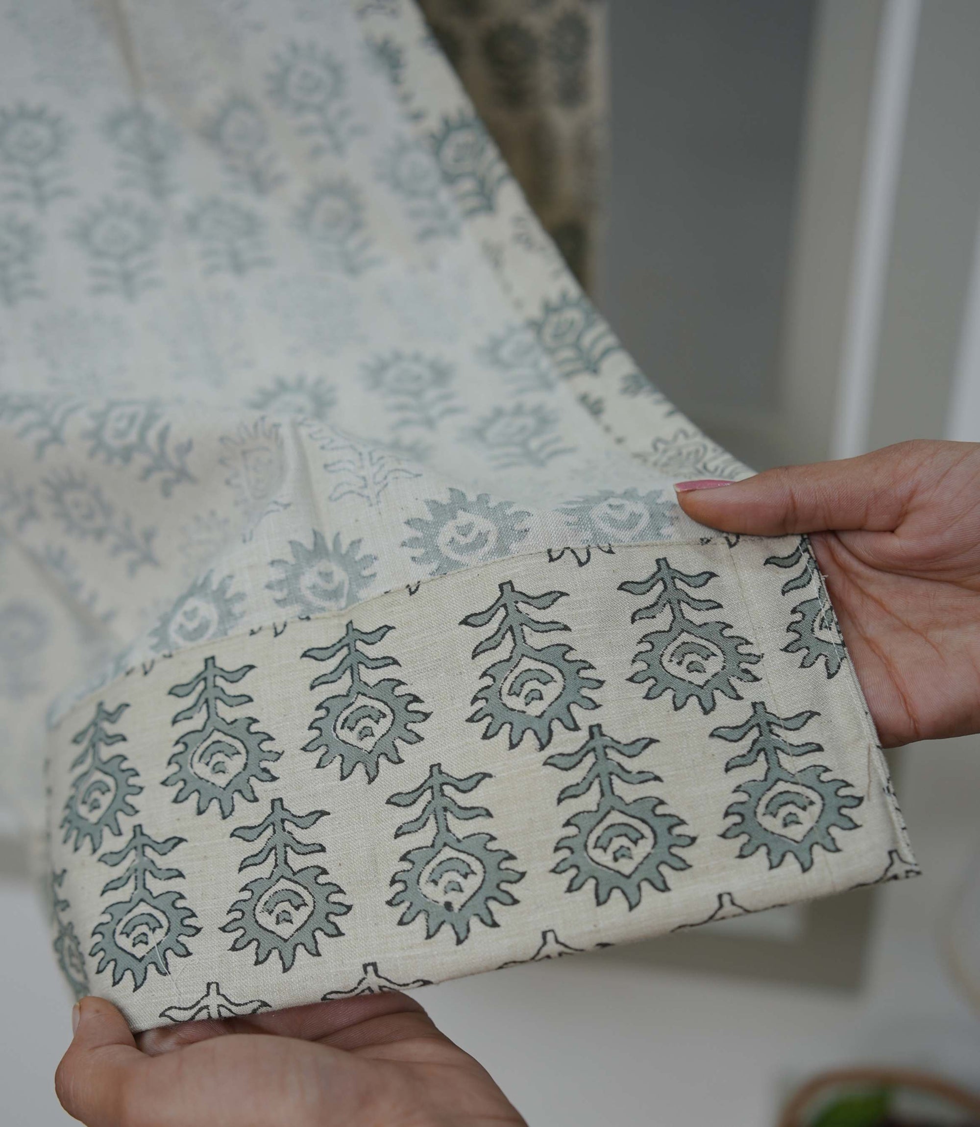 Handmade Linen Surajmuki Gray Floral Pleated Curtains