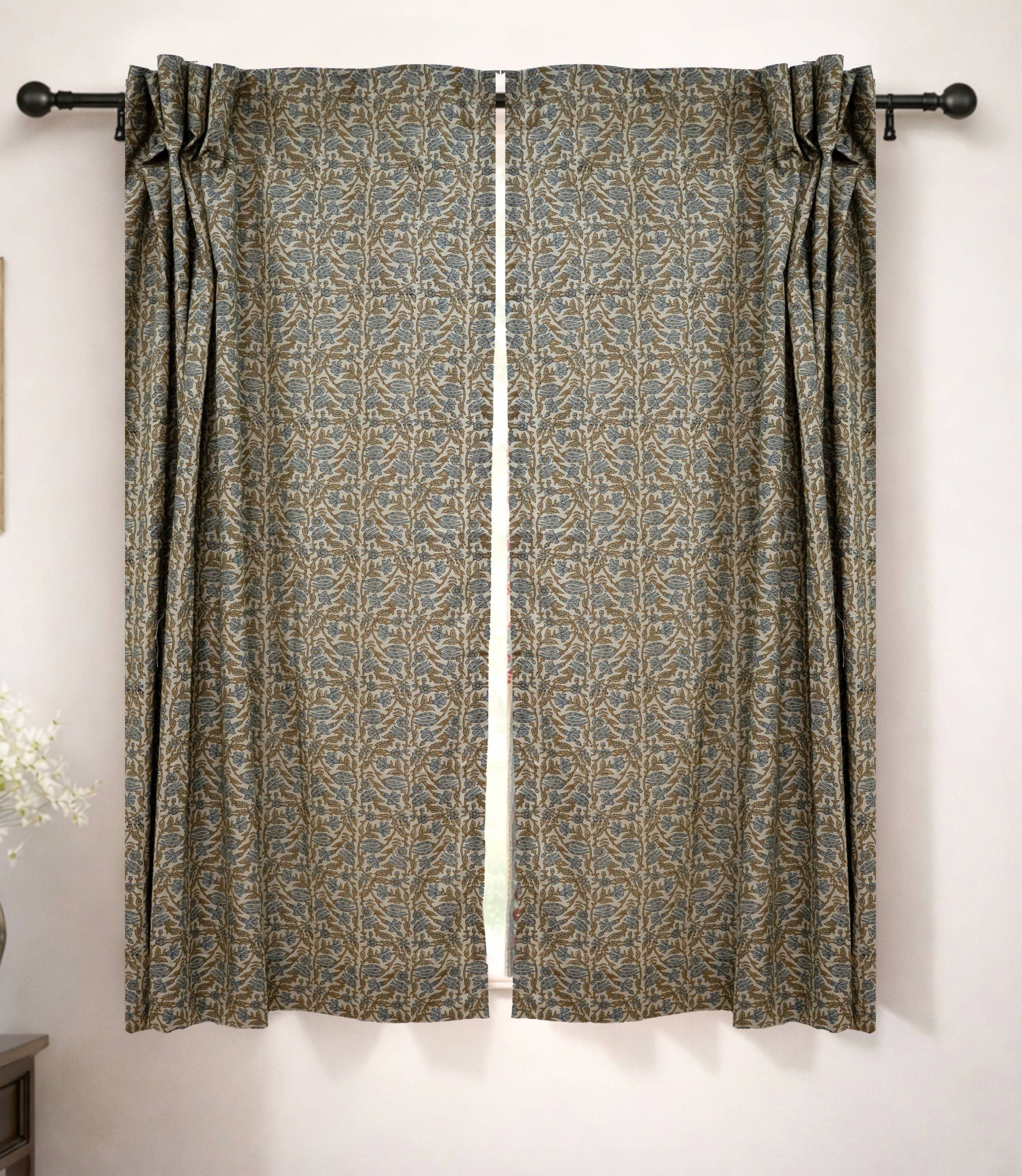 Brown Floral Boho Viscose Linen Window Curtains - Vanmala