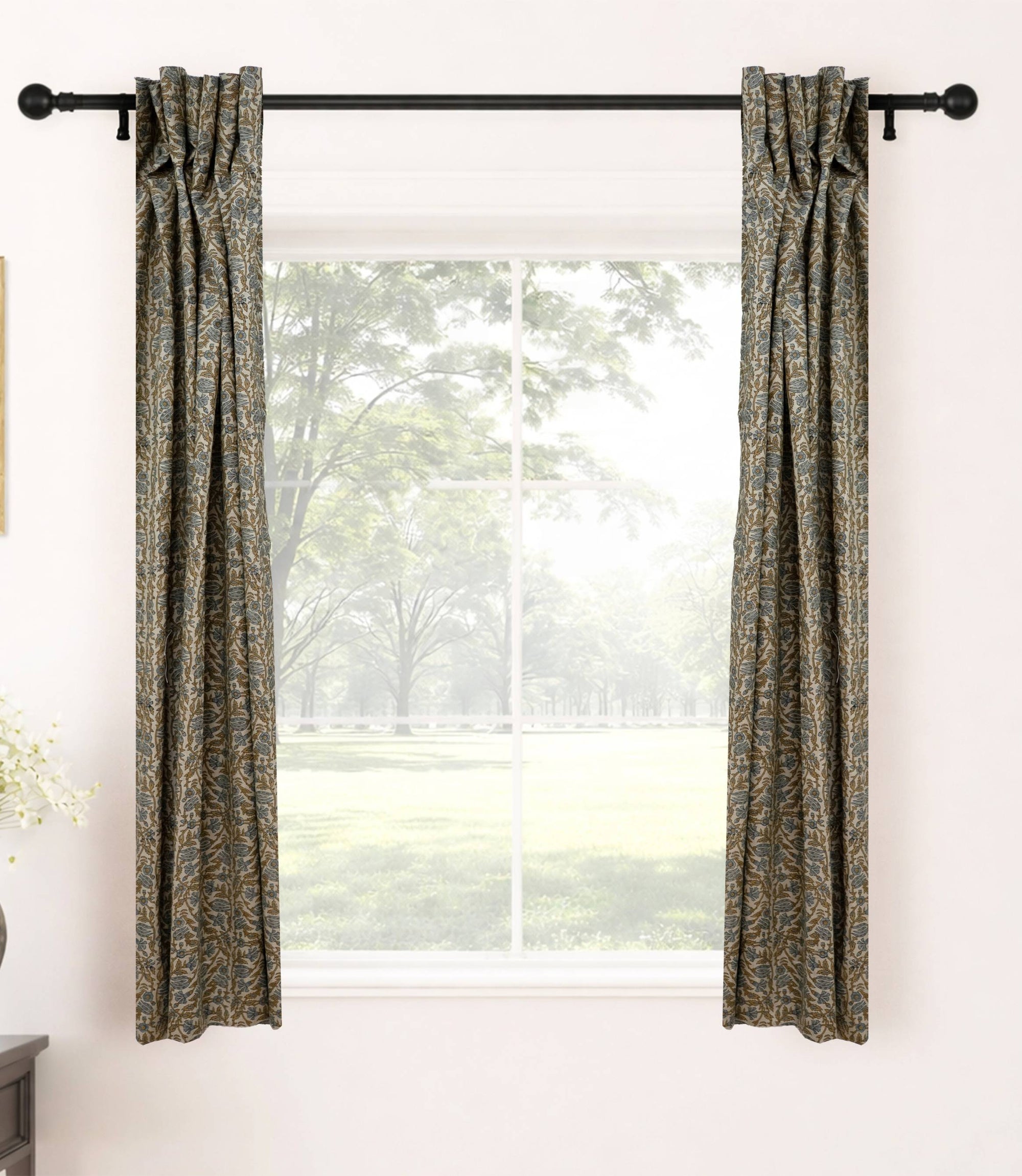 Brown Floral Boho Viscose Linen Window Curtains - Vanmala