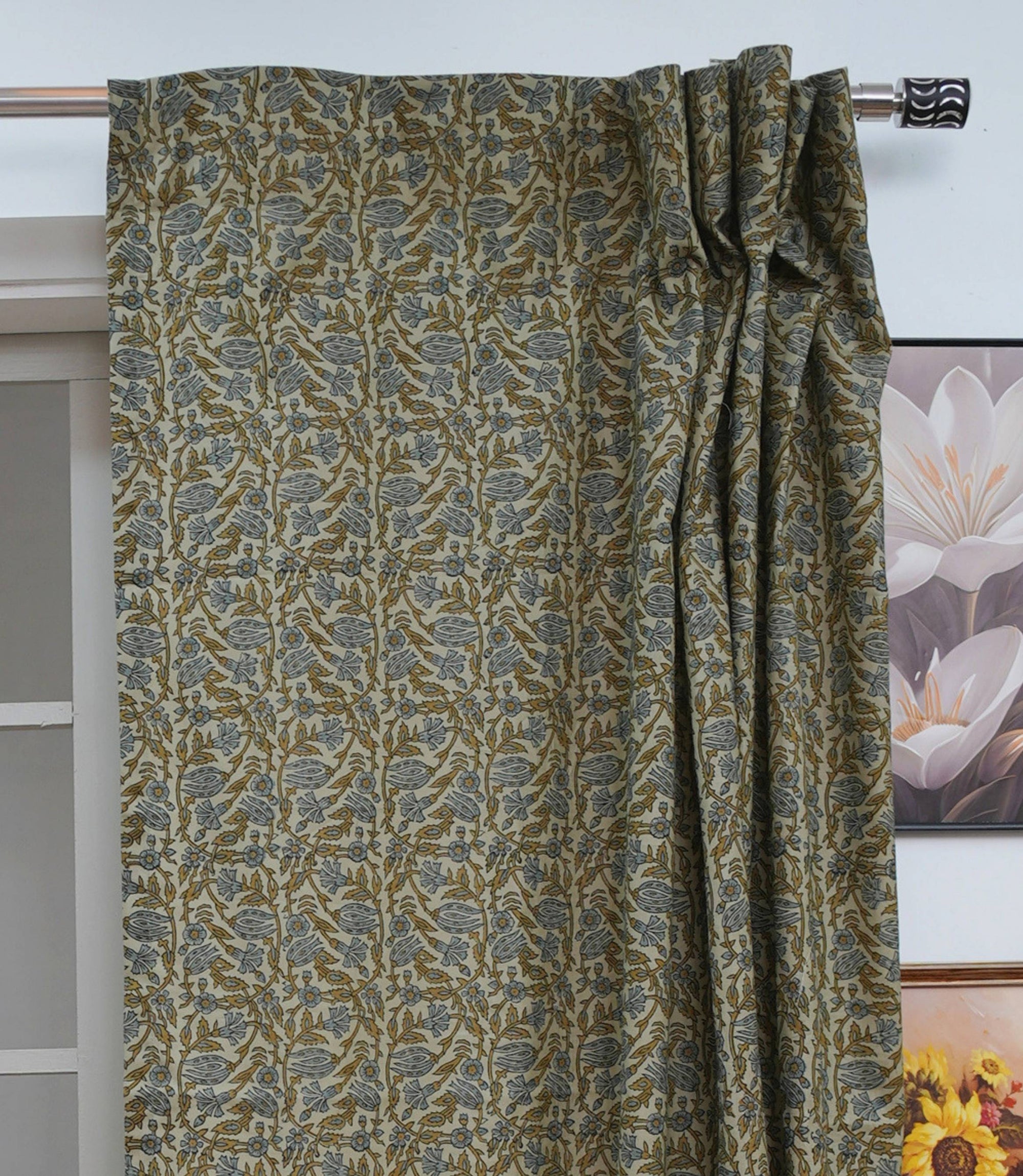 Brown Floral Boho Viscose Linen Window Curtains - Vanmala