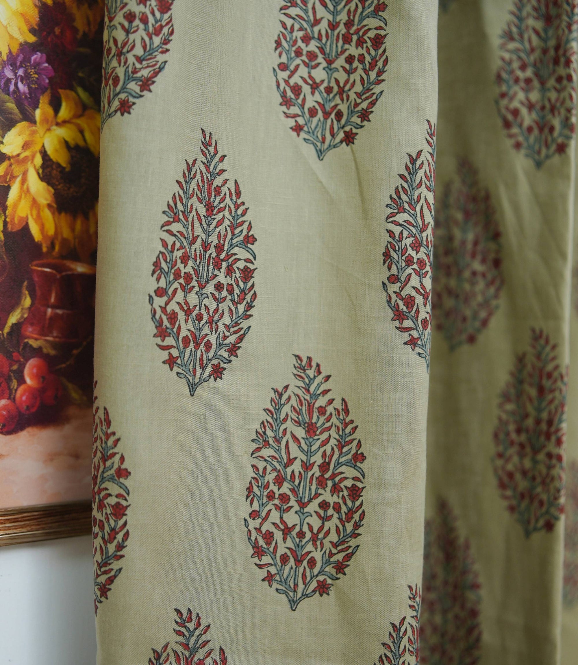 Handmade Vatika Red Floral Block Print Viscose Linen Curtains