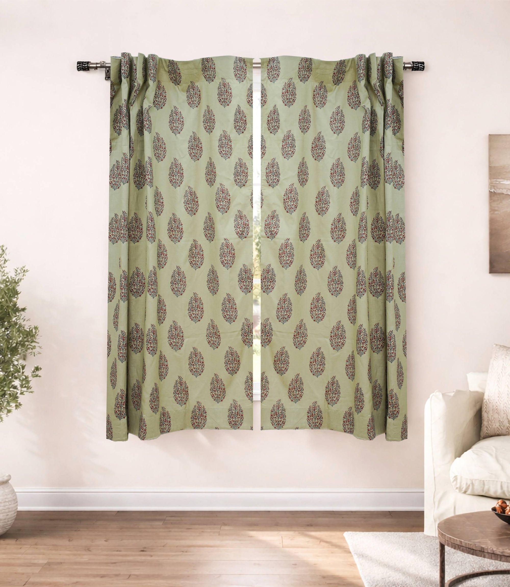 Handmade Vatika Red Floral Block Print Viscose Linen Curtains