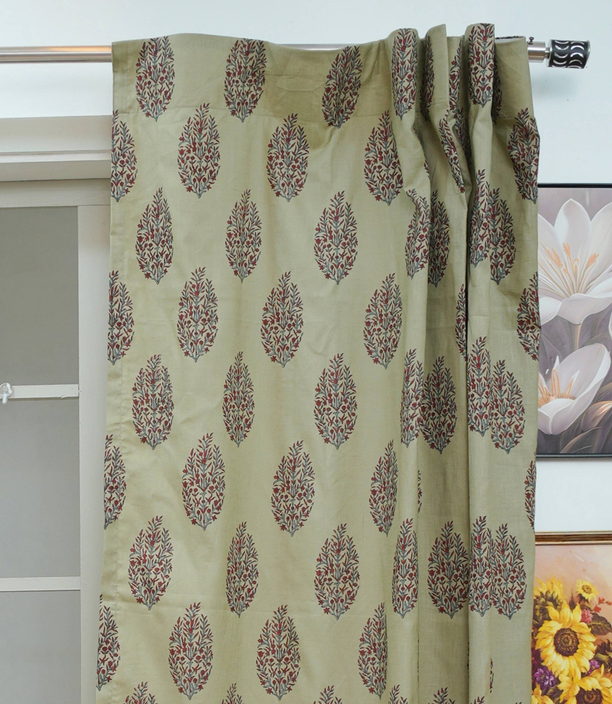 Handmade Vatika Red Floral Block Print Viscose Linen Curtains