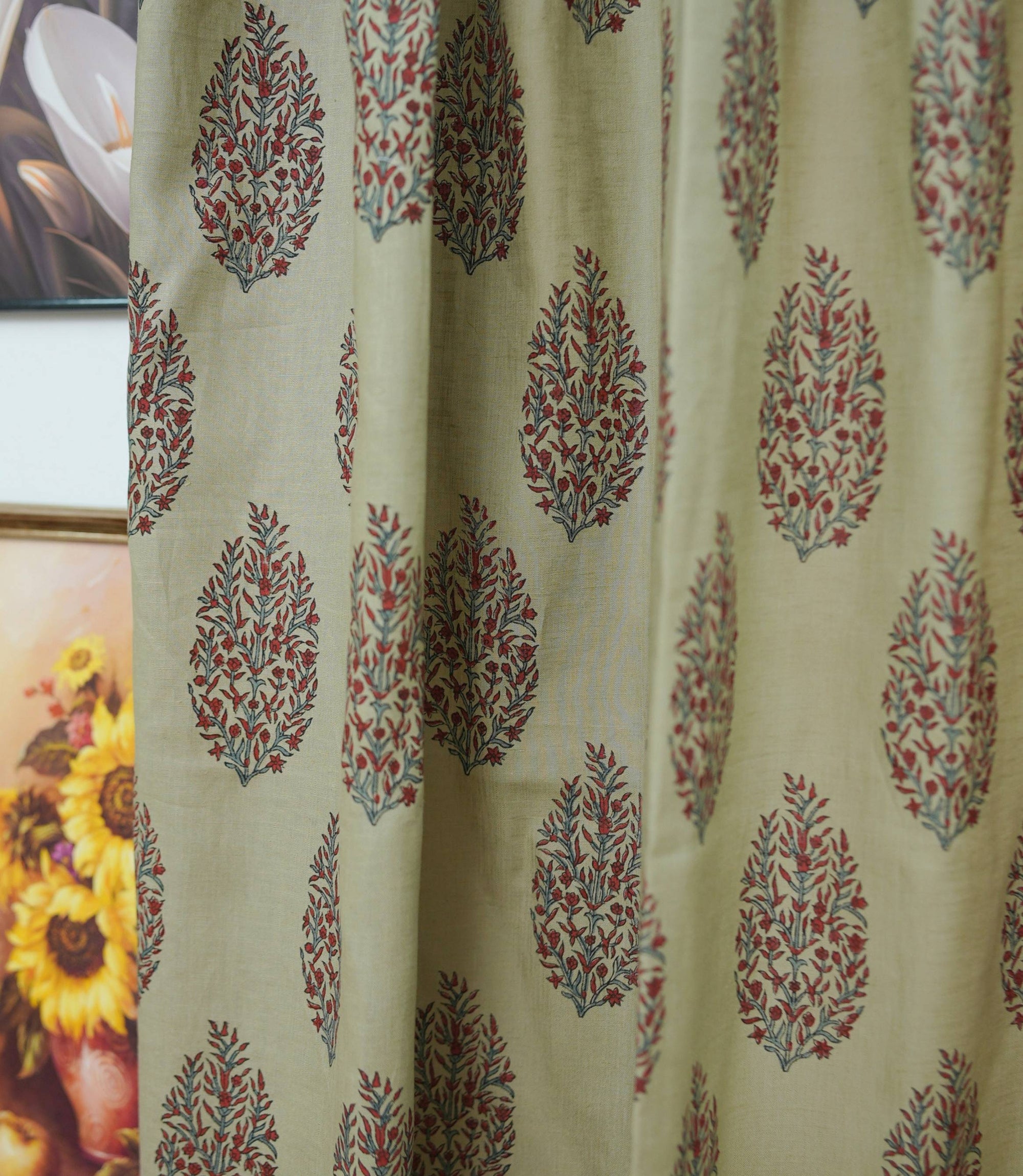 Handmade Vatika Red Floral Block Print Viscose Linen Curtains
