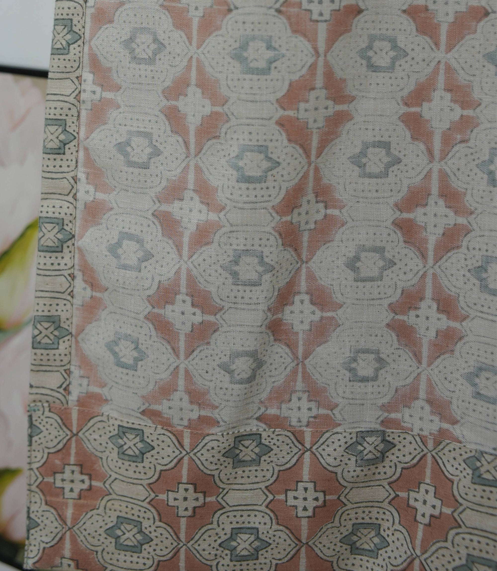 Peach Grey Floral Linen Block Print Curtain Rod Pocket - Jhroka