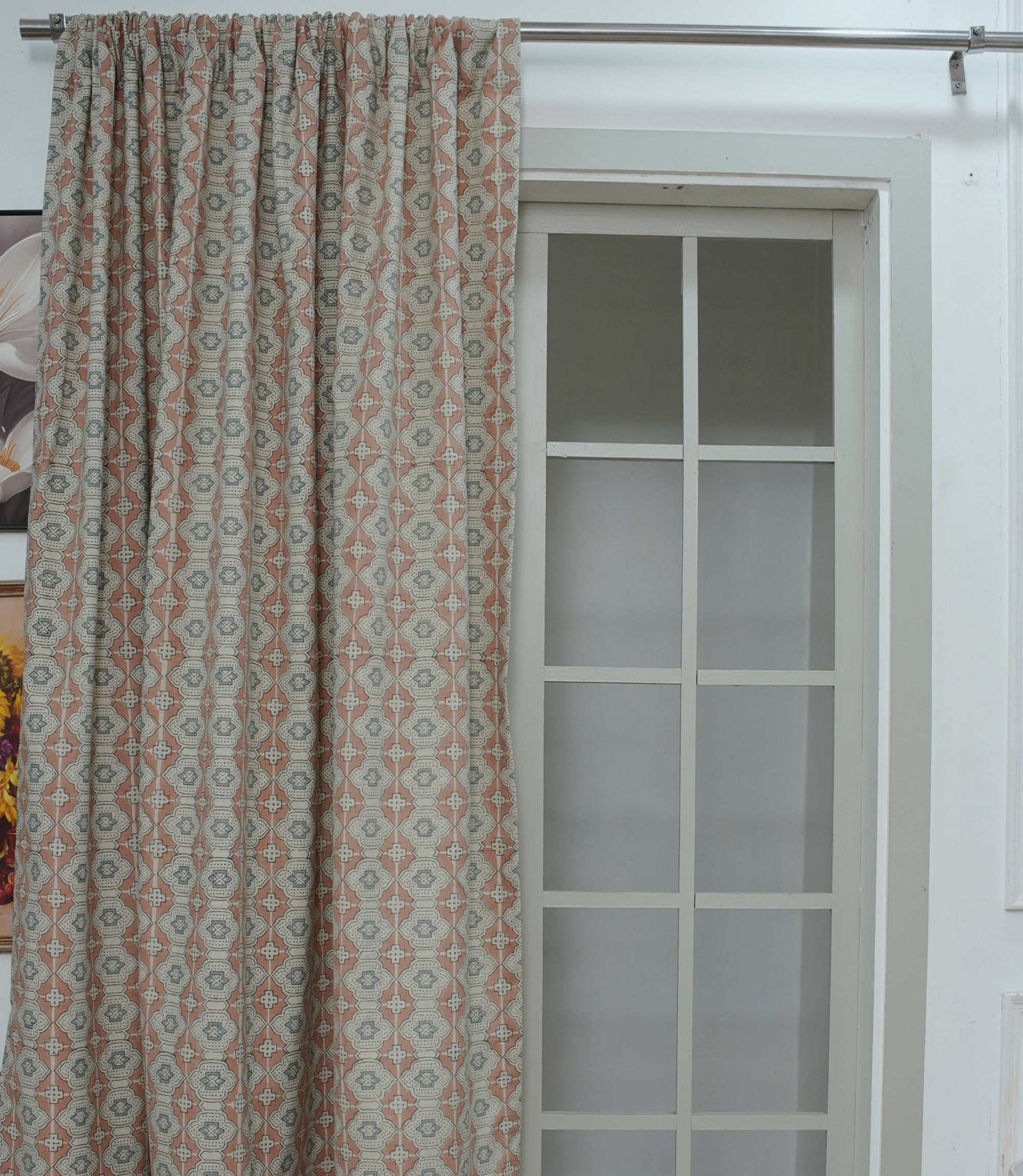 Peach Grey Floral Linen Block Print Curtain Rod Pocket - Jhroka