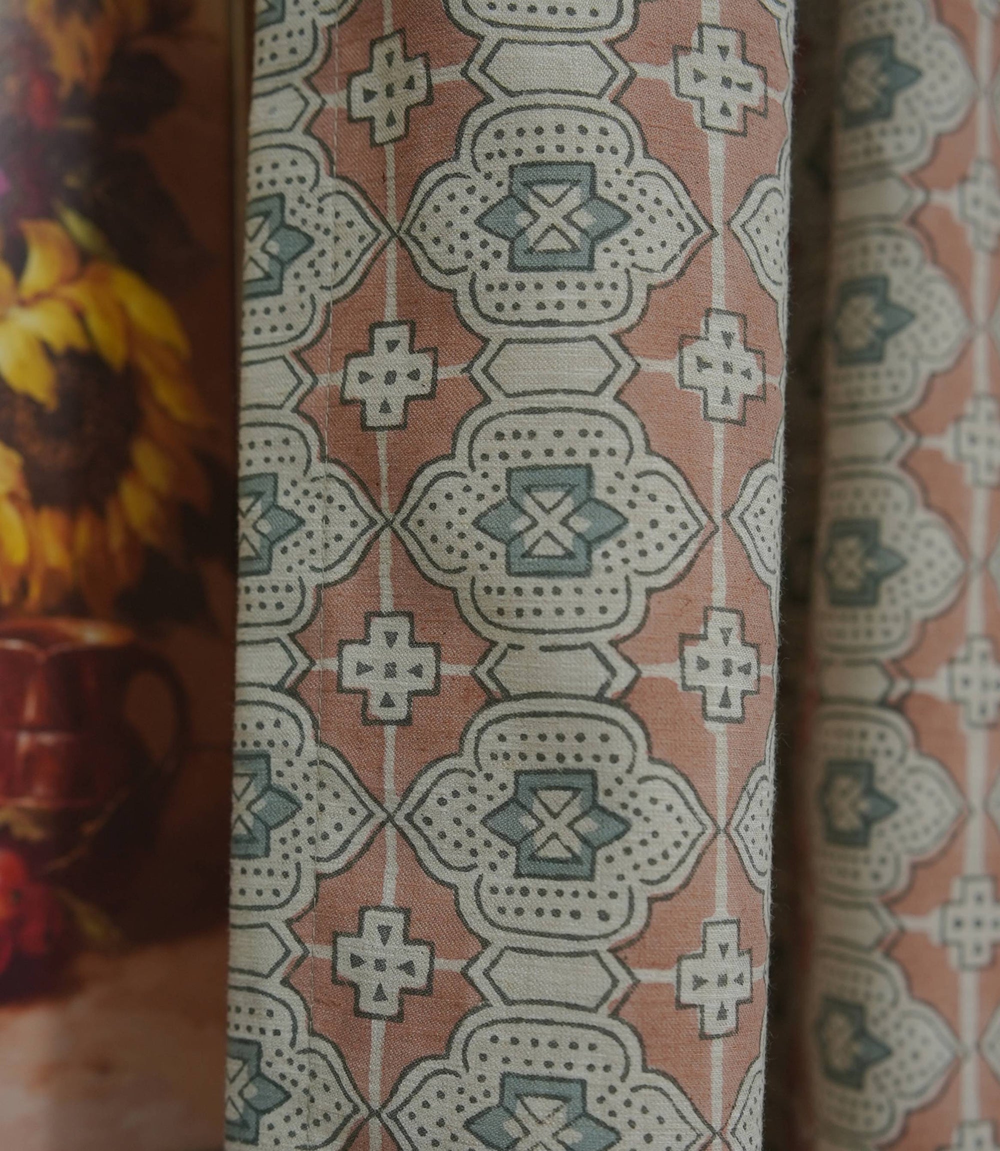 Peach Grey Floral Linen Block Print Curtain Rod Pocket - Jhroka