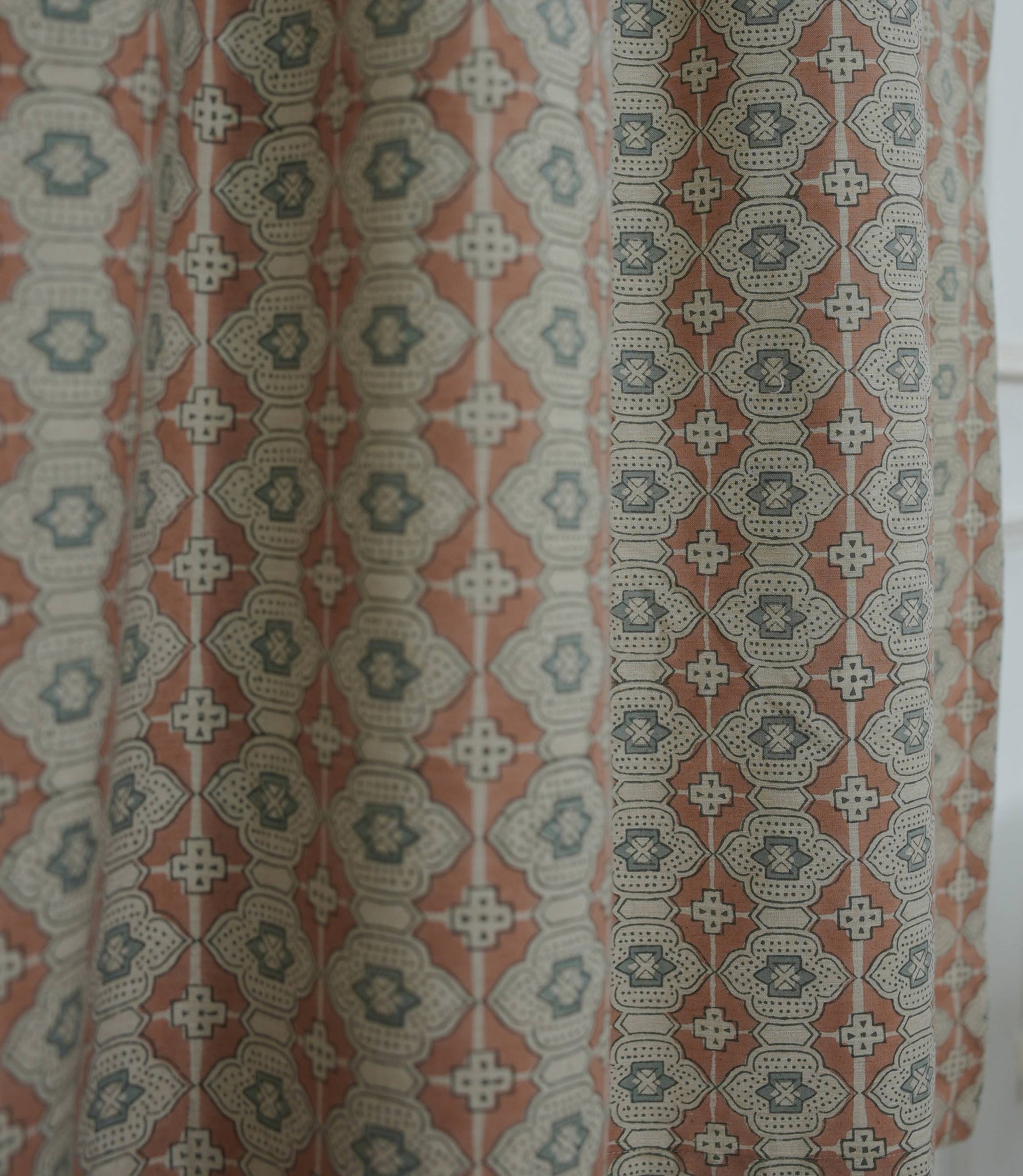 Peach Grey Floral Linen Block Print Curtain Rod Pocket - Jhroka