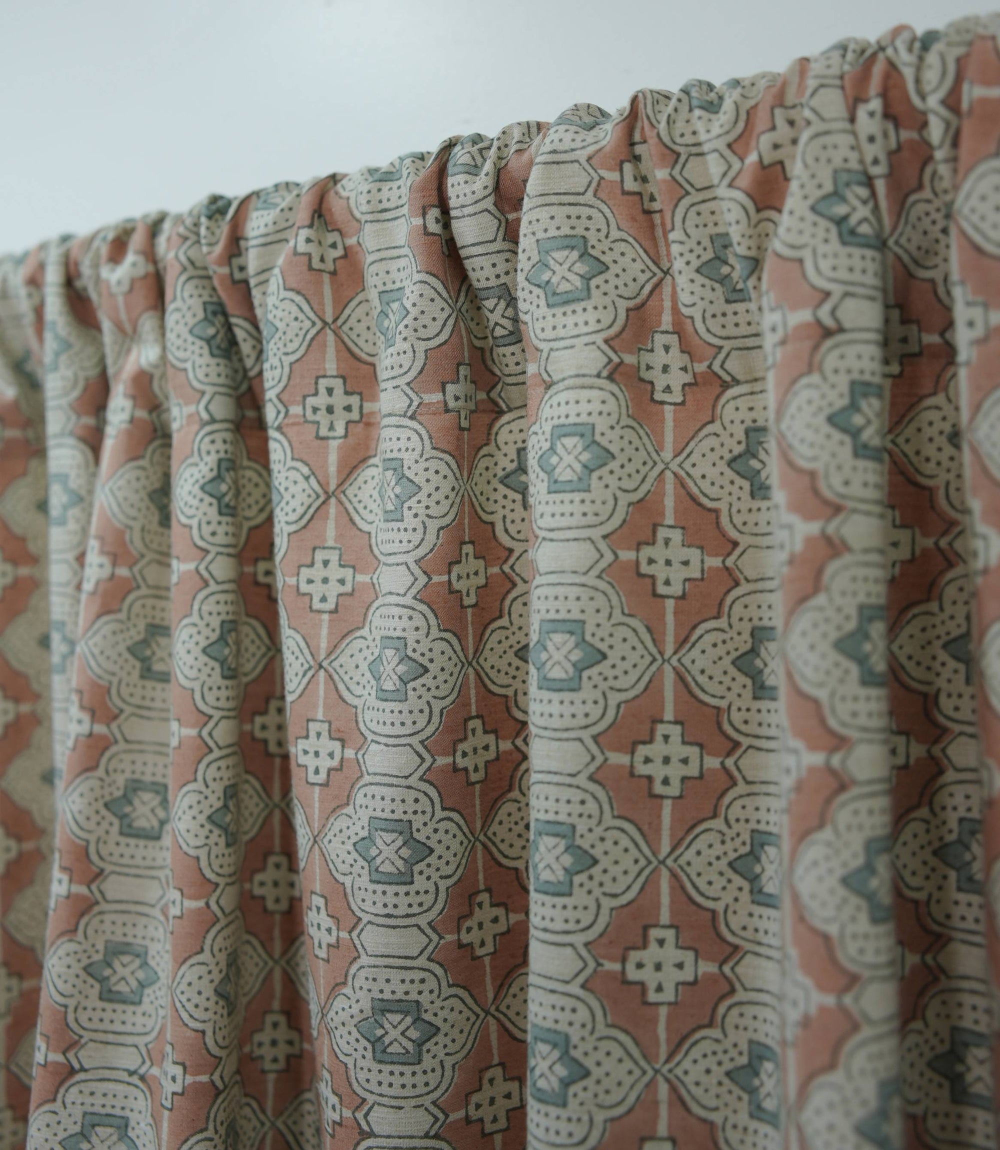 Peach Grey Floral Linen Block Print Curtain Rod Pocket - Jhroka