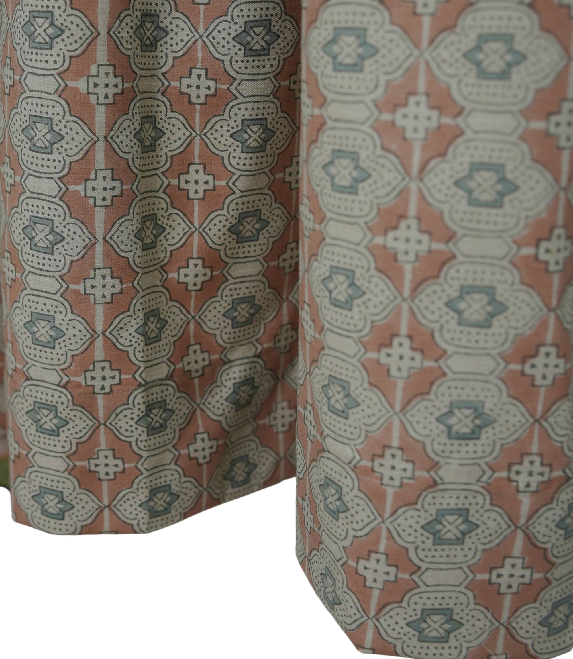 Peach Grey Floral Linen Block Print Curtain Rod Pocket - Jhroka