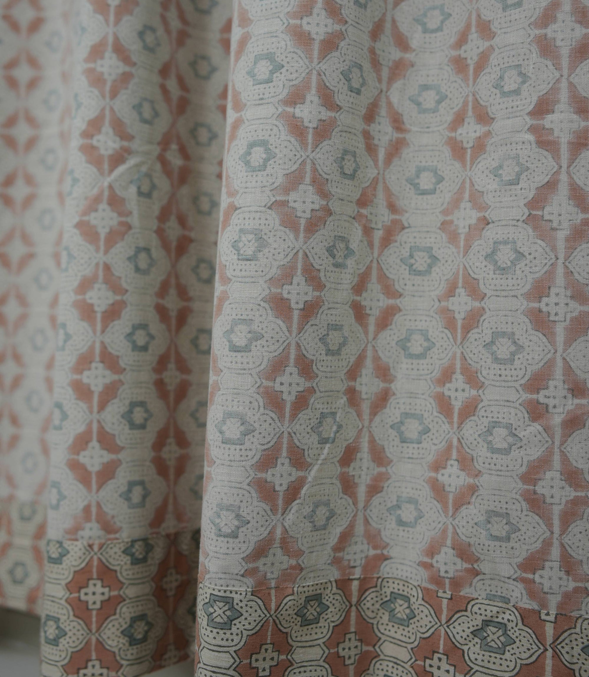 Peach Grey Floral Linen Block Print Curtain Rod Pocket - Jhroka
