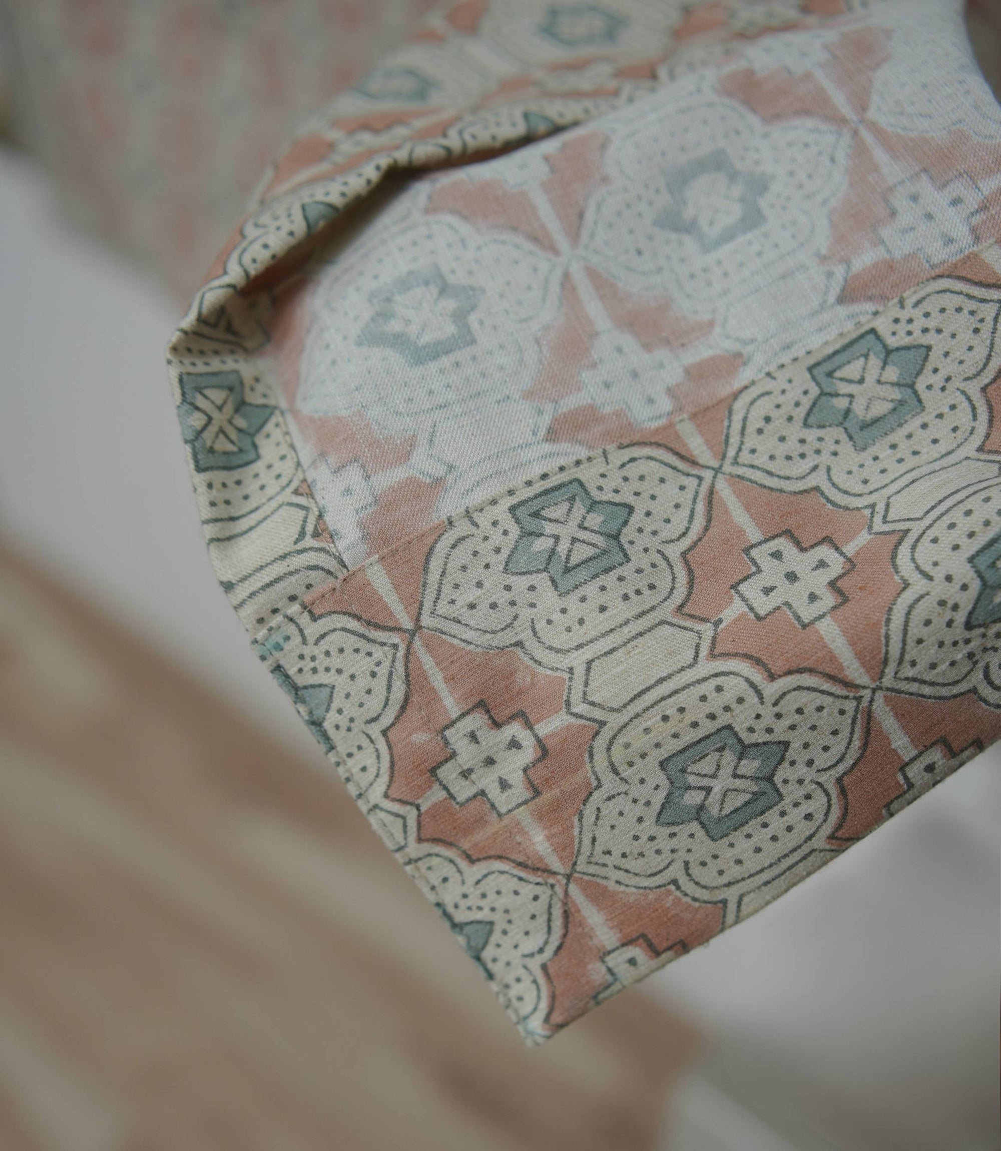 Peach Grey Floral Linen Block Print Curtain Rod Pocket - Jhroka