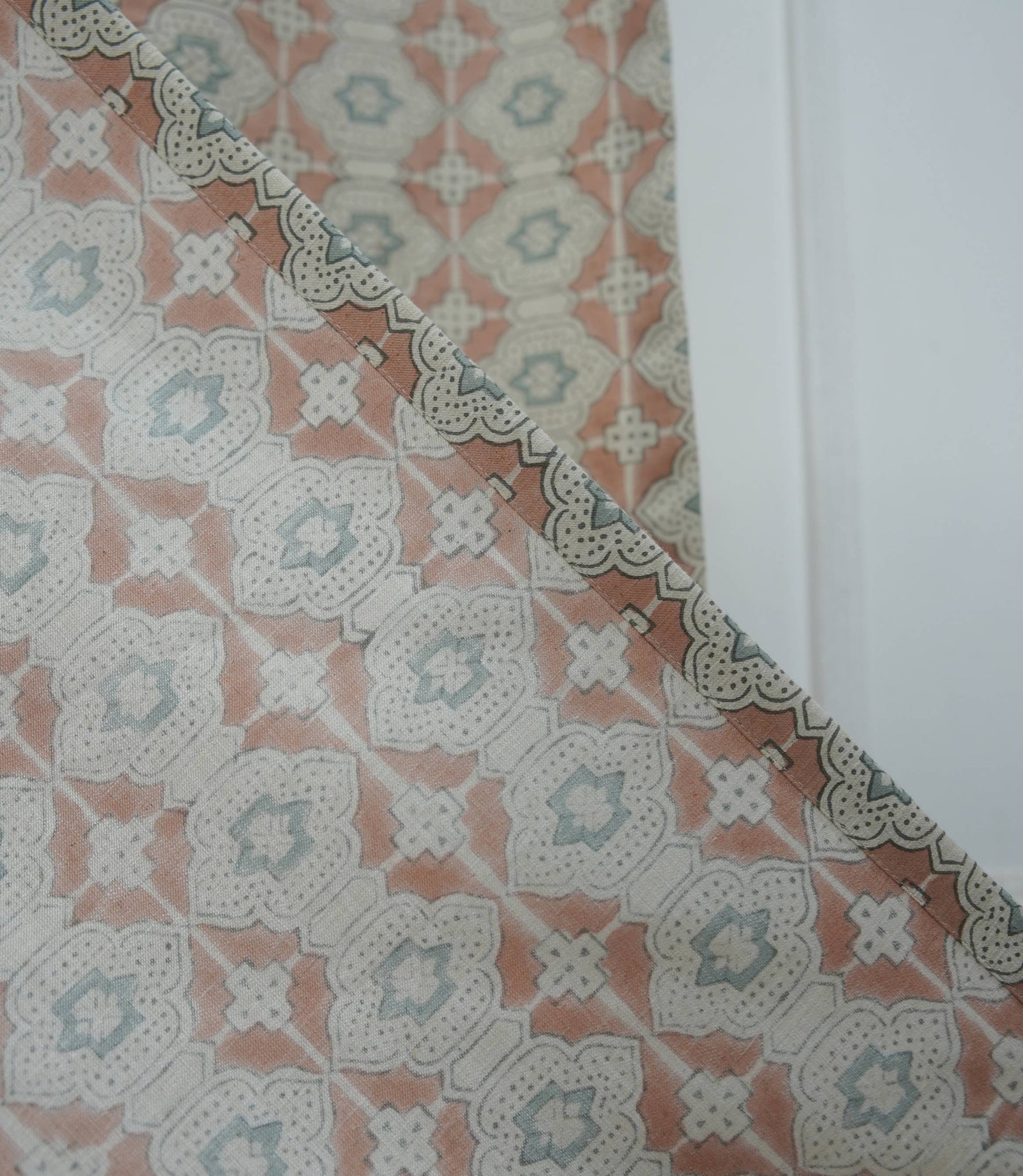 Peach Grey Floral Linen Block Print Curtain Rod Pocket - Jhroka