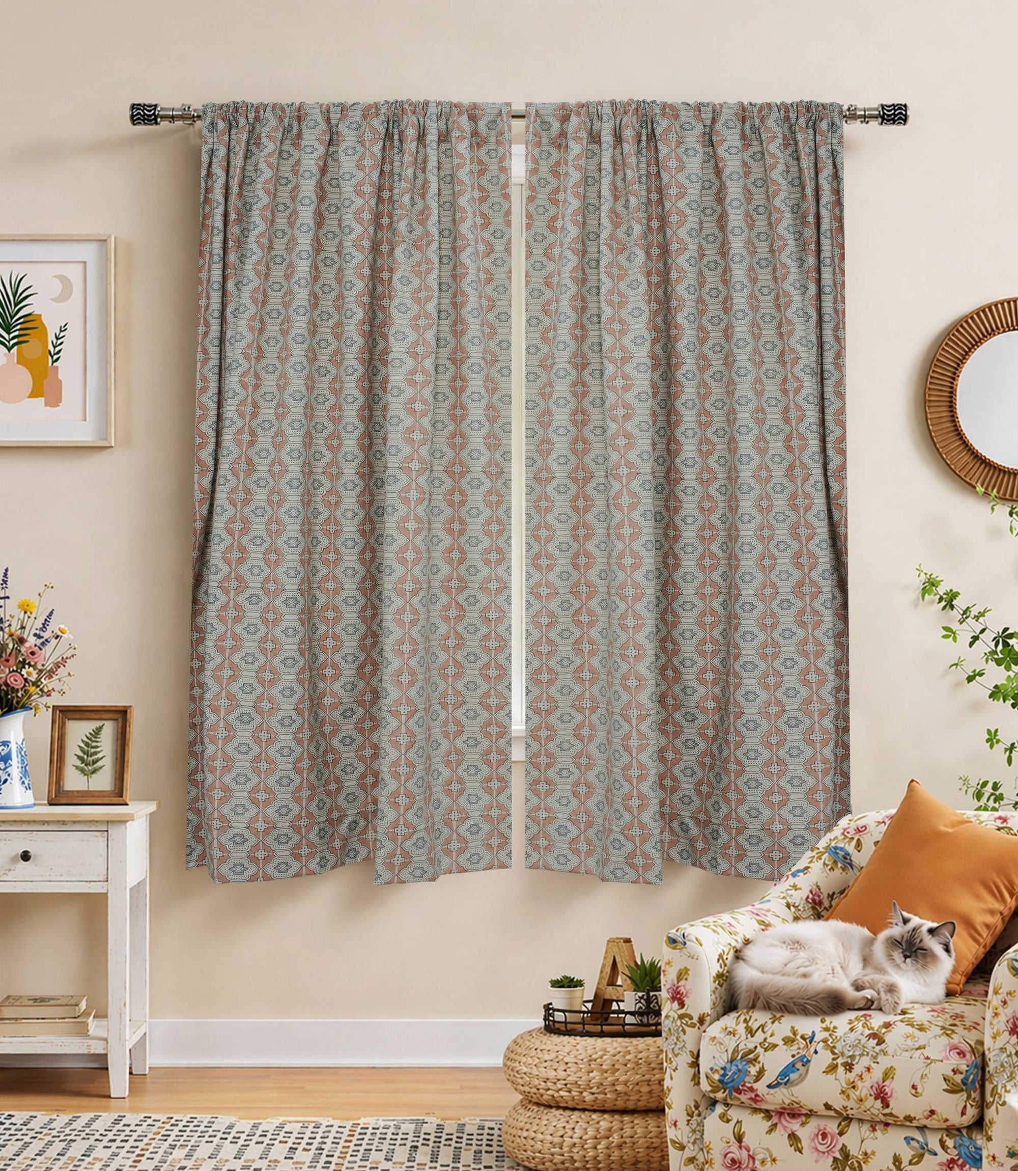 Peach Grey Floral Linen Block Print Curtain Rod Pocket - Jhroka