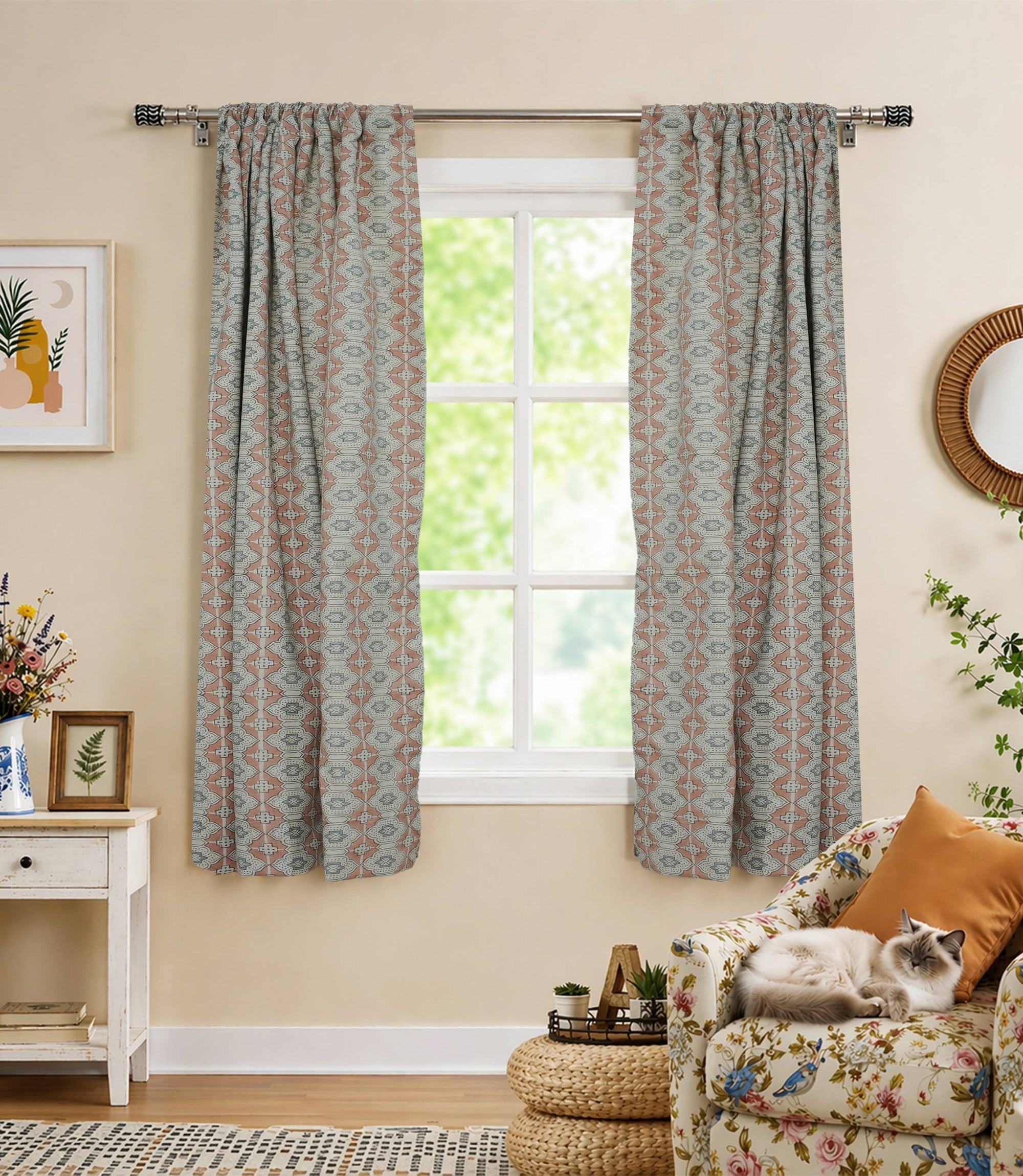 Peach Grey Floral Linen Block Print Curtain Rod Pocket - Jhroka