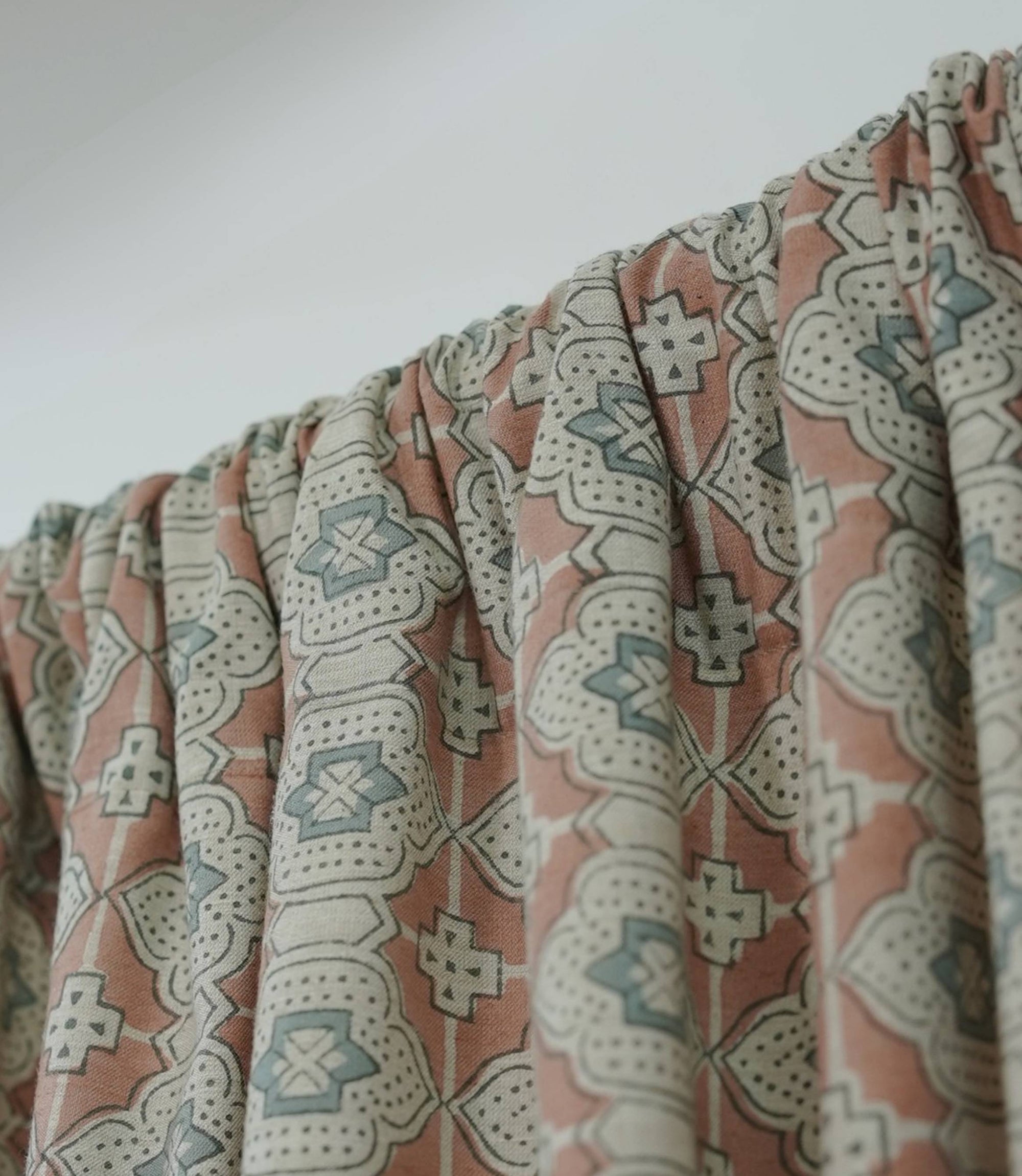 Peach Grey Floral Linen Block Print Curtain Rod Pocket - Jhroka