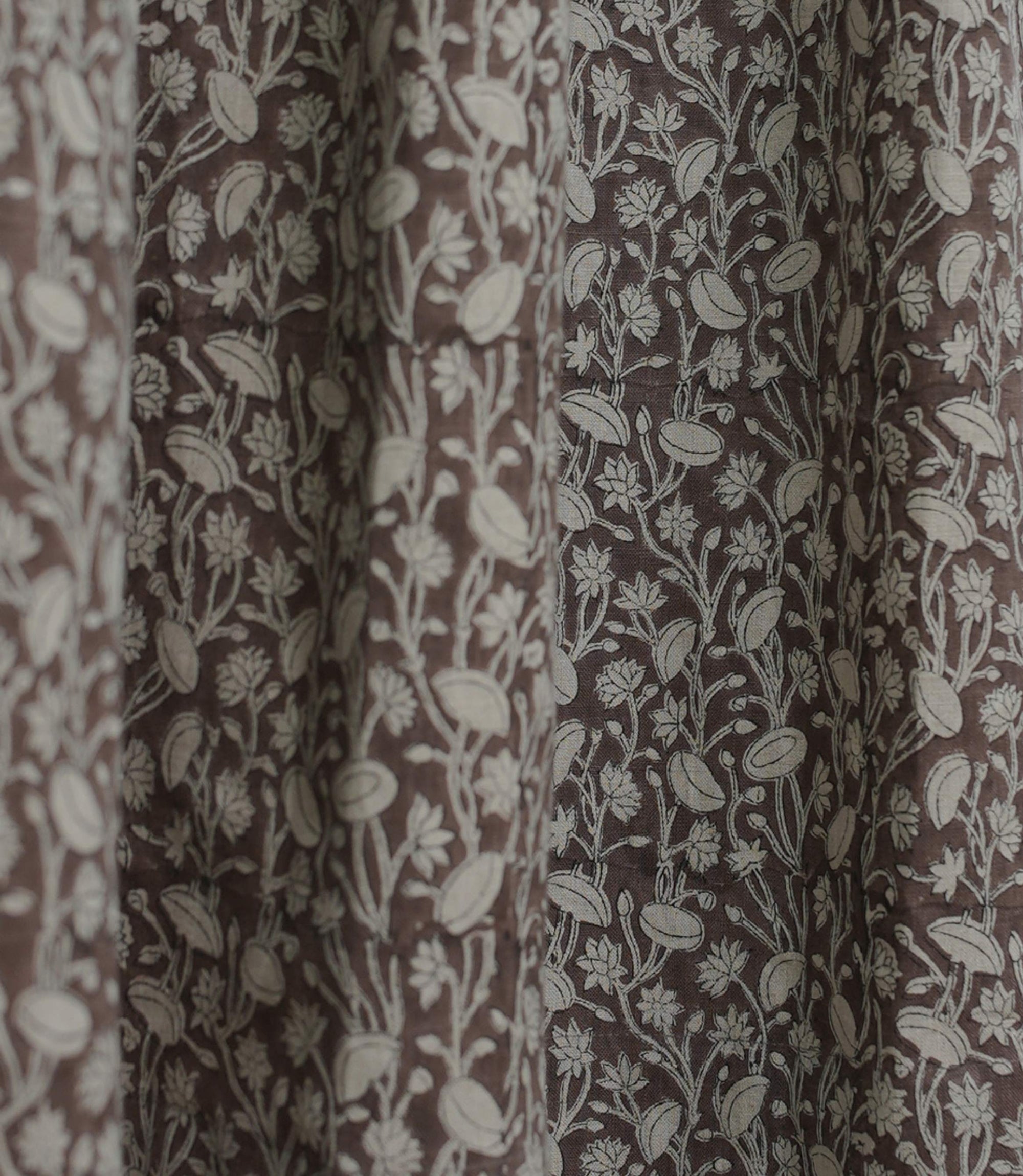 Vintage Brown Floral Linen Block Print Curtains Rod Pocket Pishta