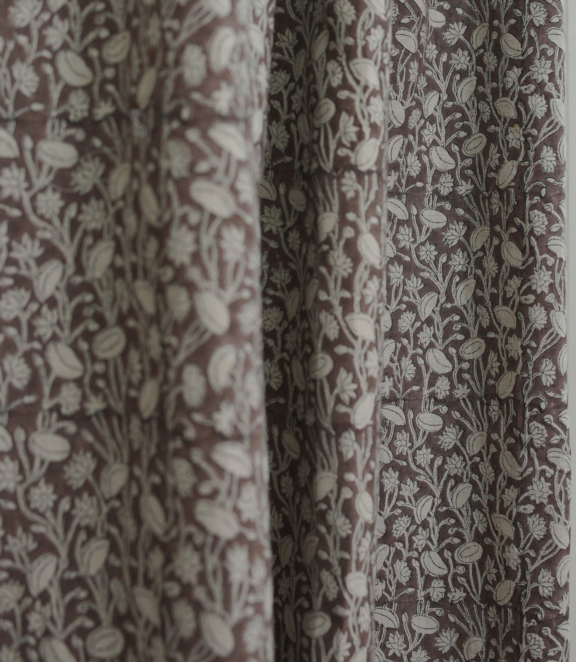 Vintage Brown Floral Linen Block Print Curtains Rod Pocket Pishta
