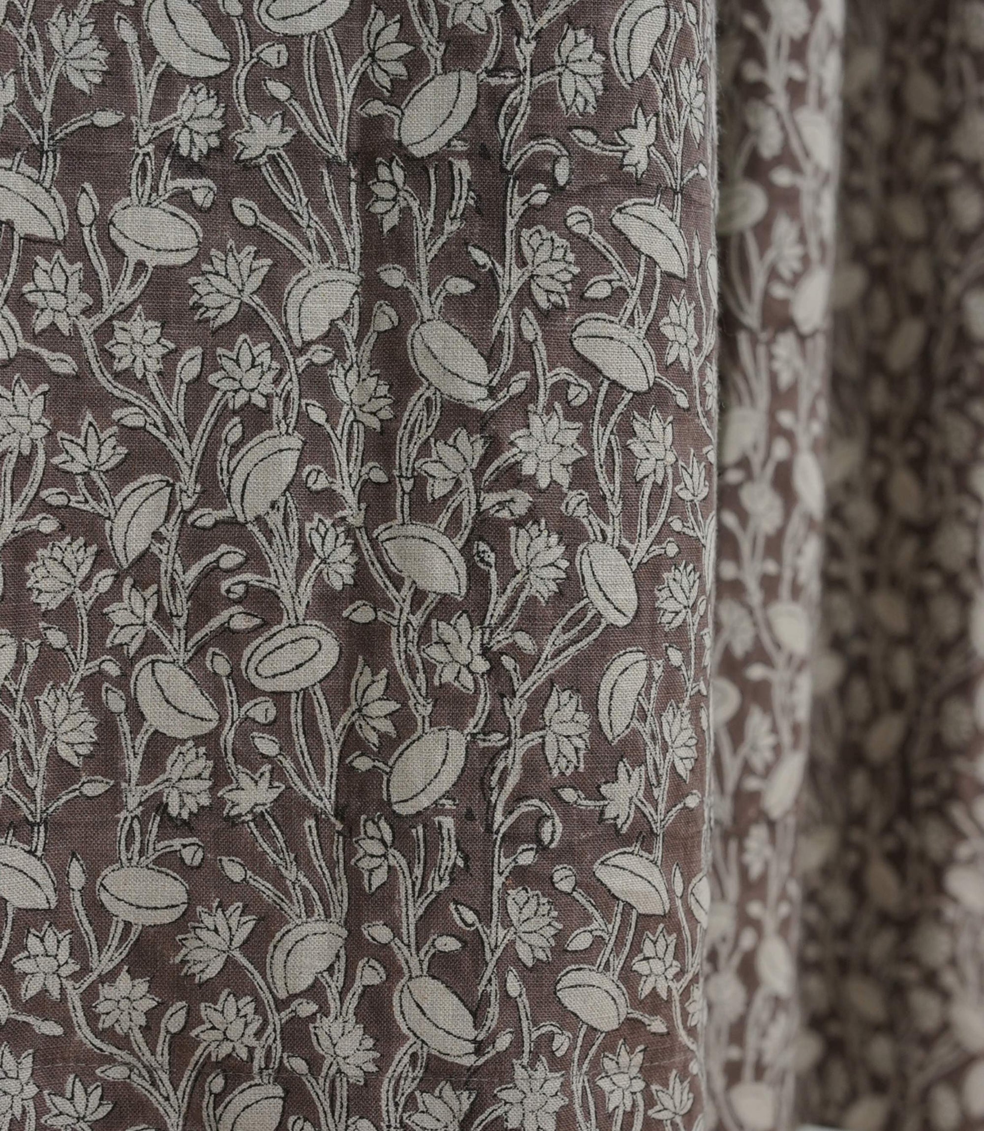 Vintage Brown Floral Linen Block Print Curtains Rod Pocket Pishta